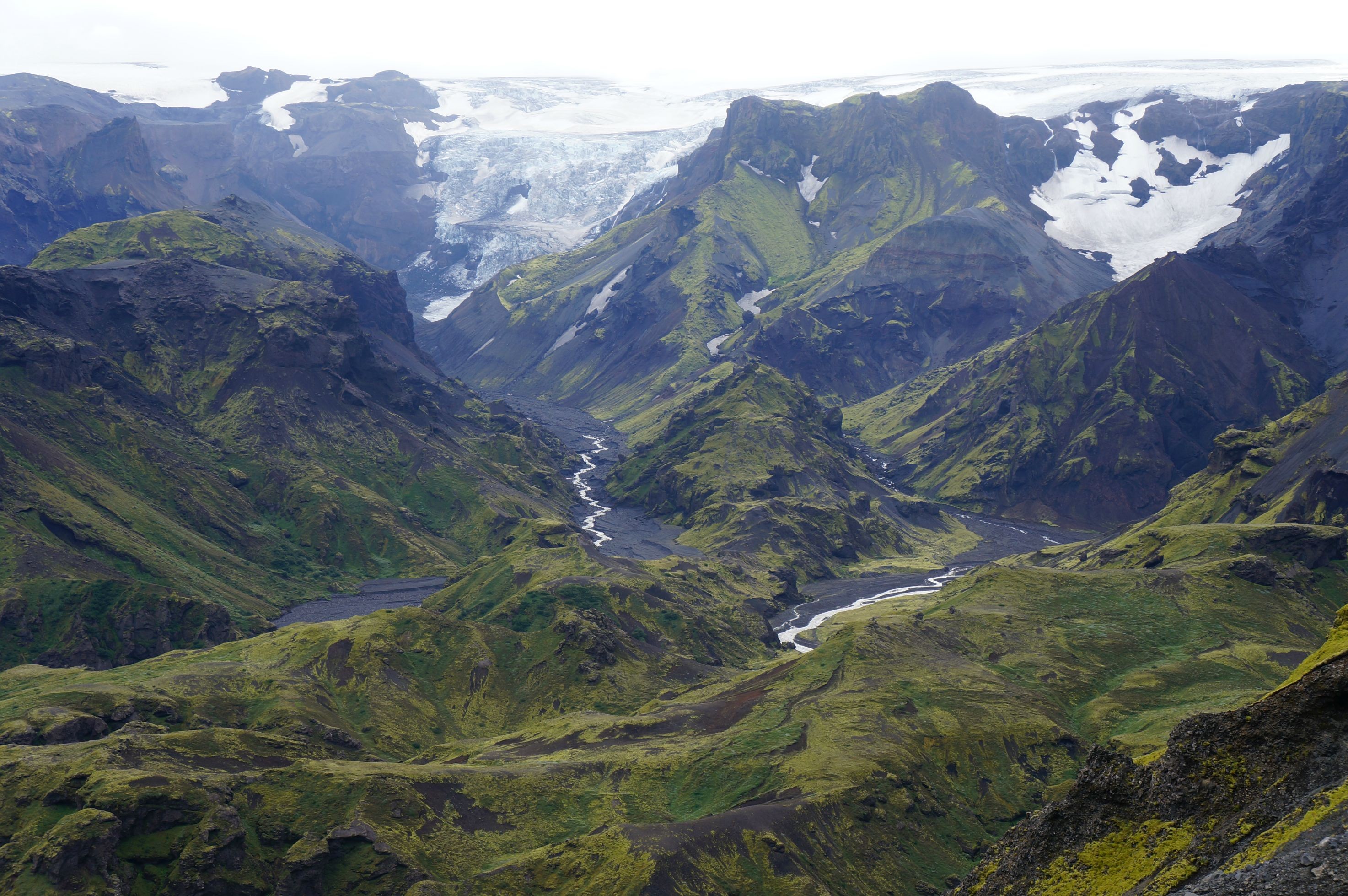 Mountain valley with river and glacier HD Wallpaper