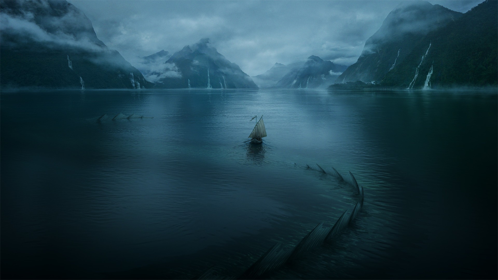 Sailboat navigates a misty lake with a sea monster HD Wallpaper