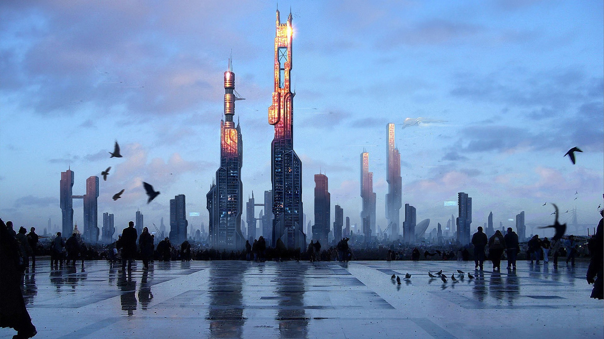 Futuristic city skyline with people and birds HD Wallpaper