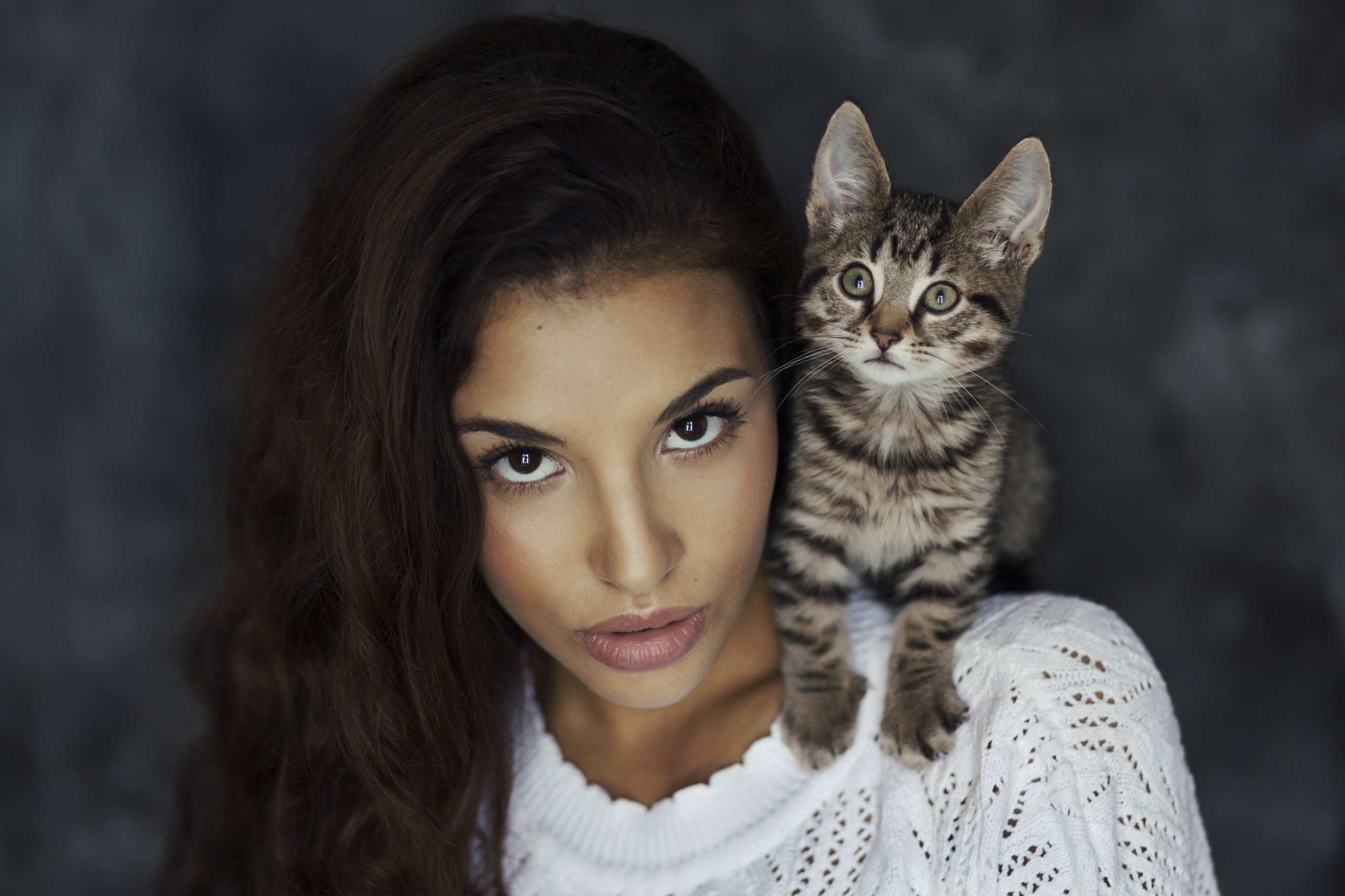 Woman with a kitten on her shoulder HD Wallpaper