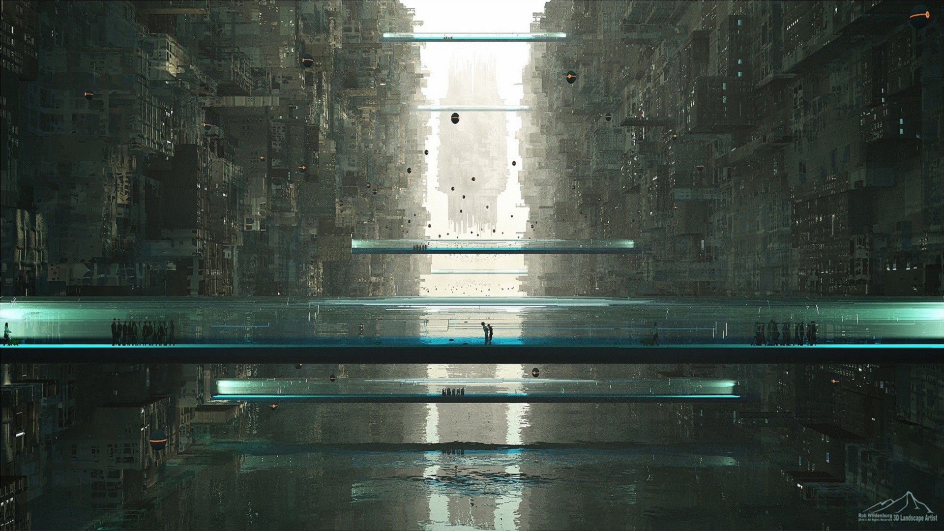 Futuristic cityscape with elevated walkways and water HD Wallpaper
