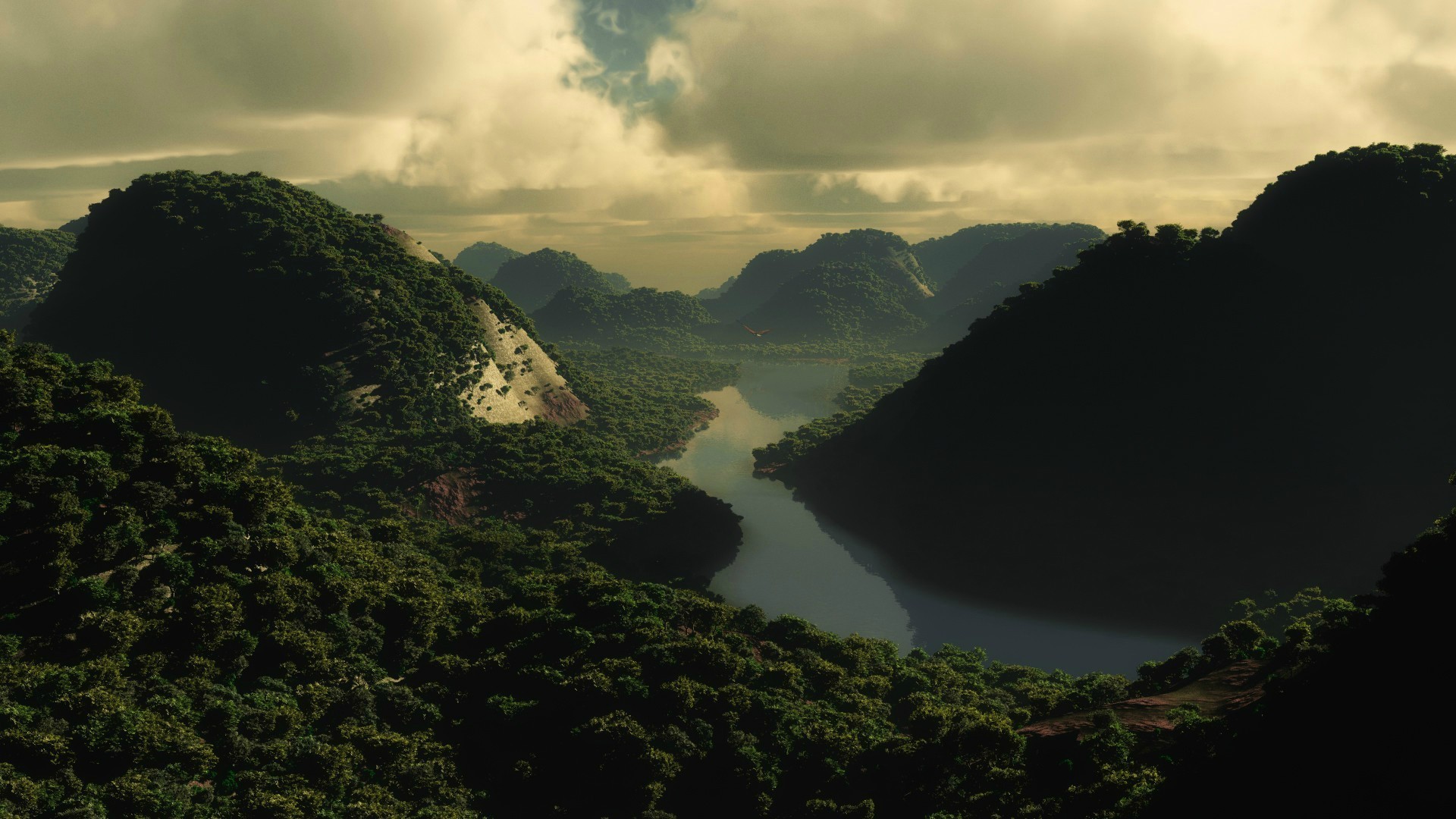 Jungle river valley with mountains and clouds HD Wallpaper