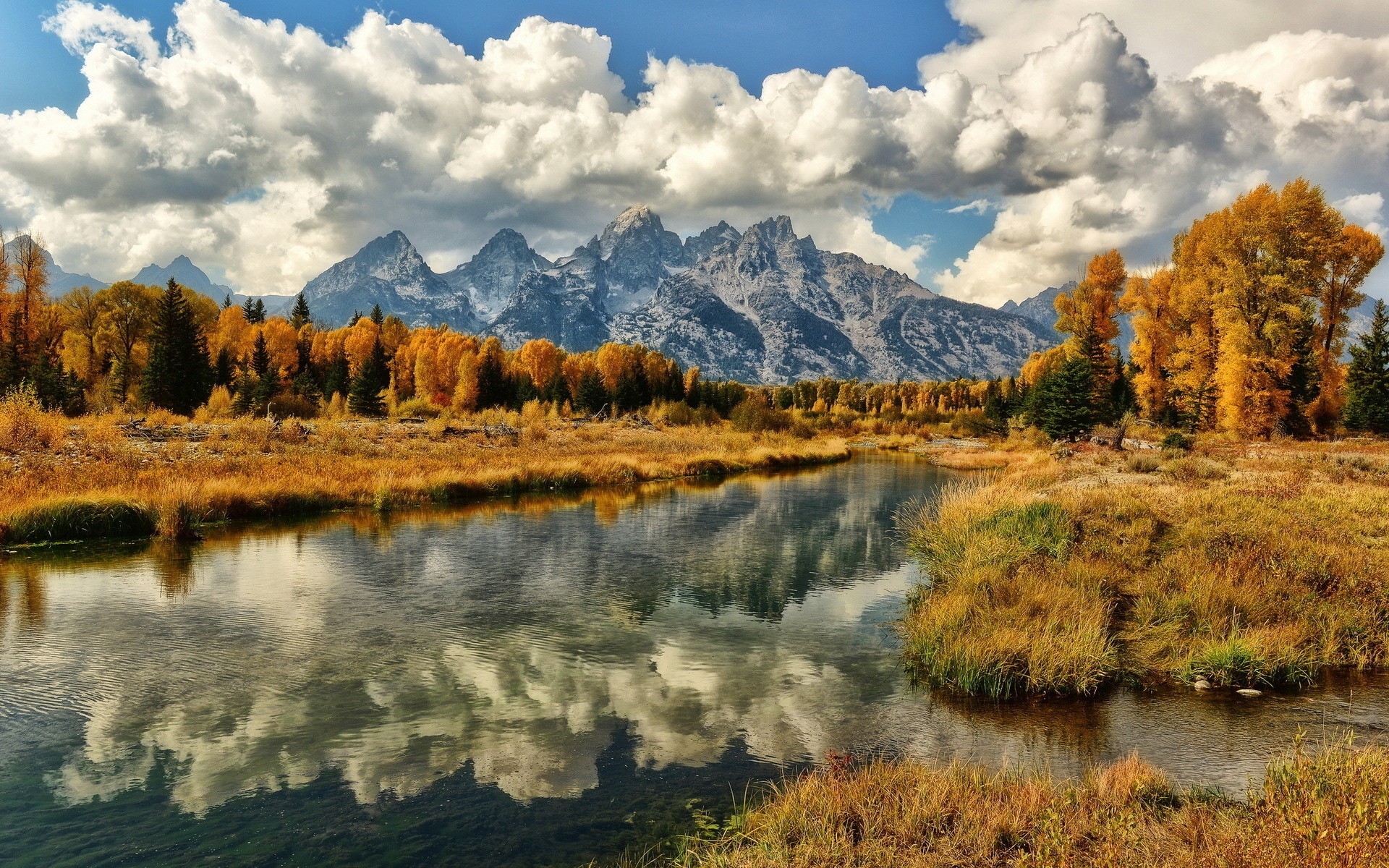 Autumn landscape with mountains and river reflection HD Wallpaper