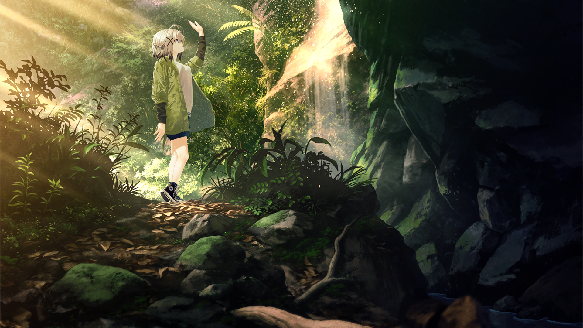Anime girl in a green jacket in a forest with a waterfall HD Wallpaper