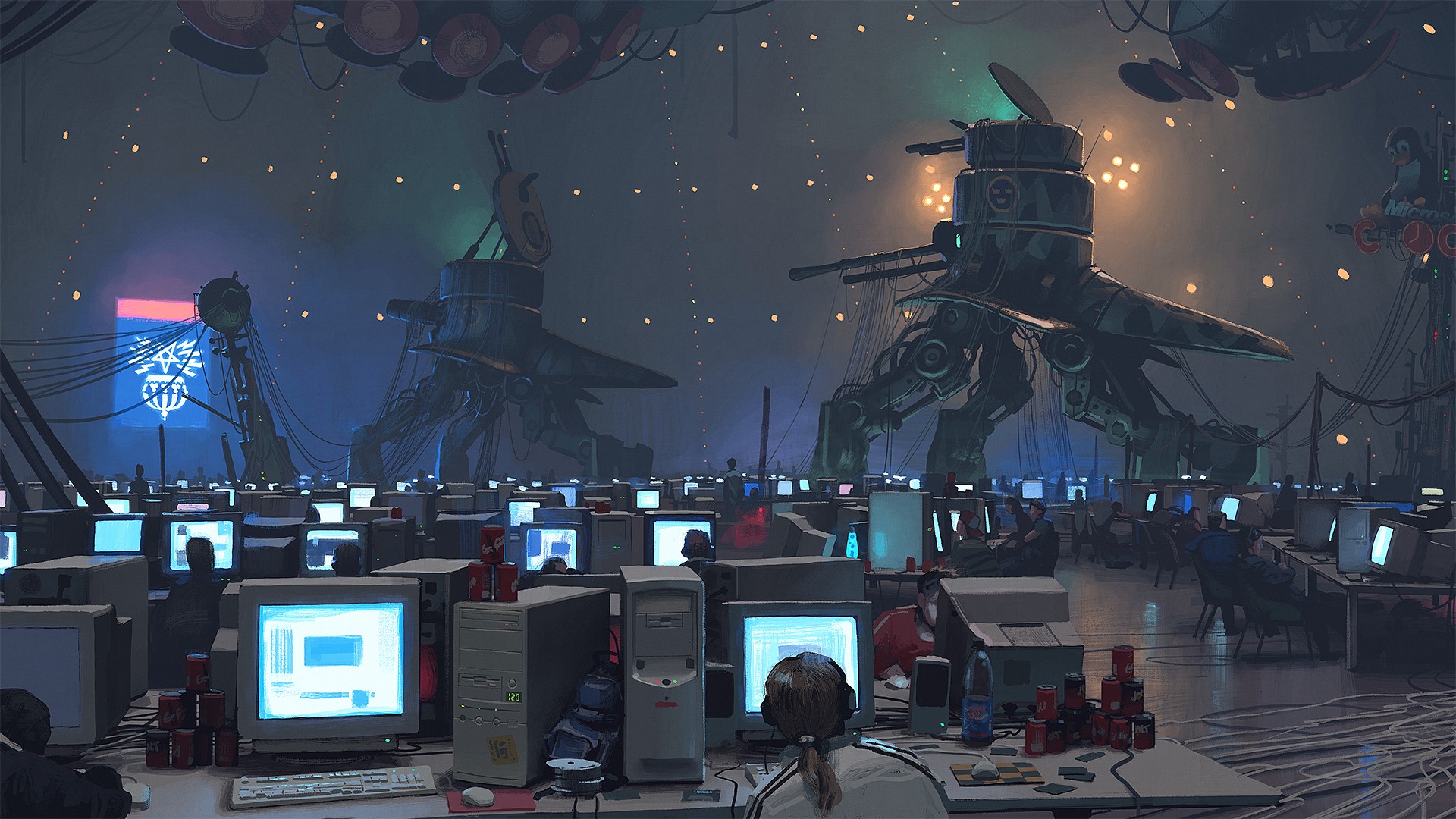Science fiction artwork of a computer lab with robots HD Wallpaper