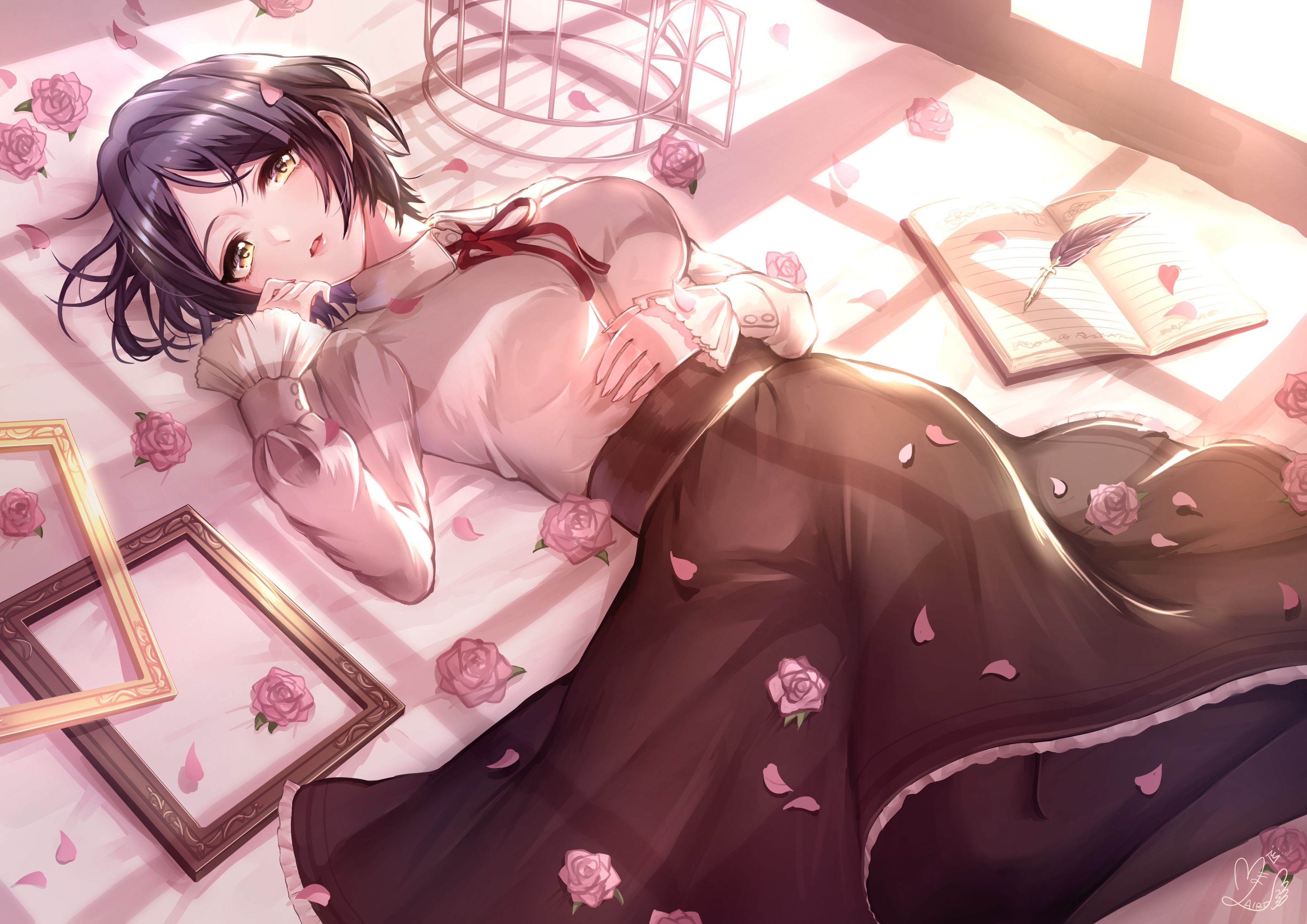 anime girls, flowers, THE iDOLM@STER: Cinderella Girls, purple hair, Hayami Kanade, yellow eyes, dress, short hair, THE iDOLM@STER, anime HD Wallpaper