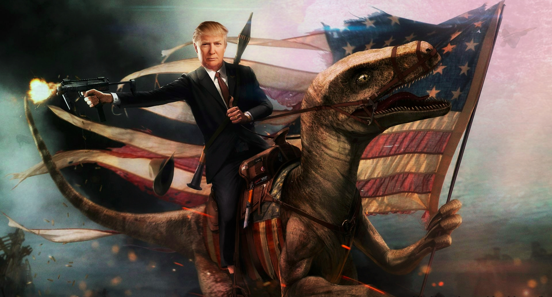 Donald Trump riding a dinosaur with an American flag and RPG HD Wallpaper