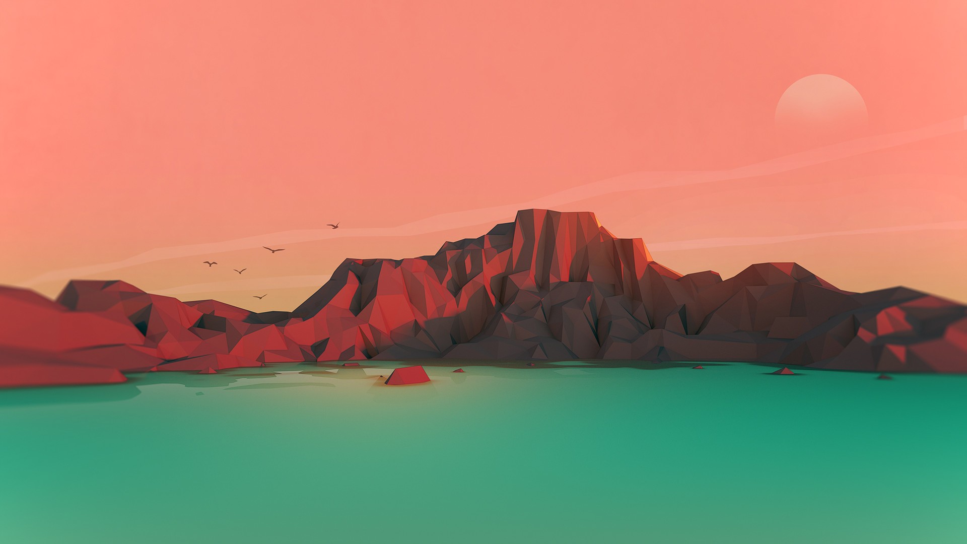 Low poly mountains at sunset over water HD Wallpaper