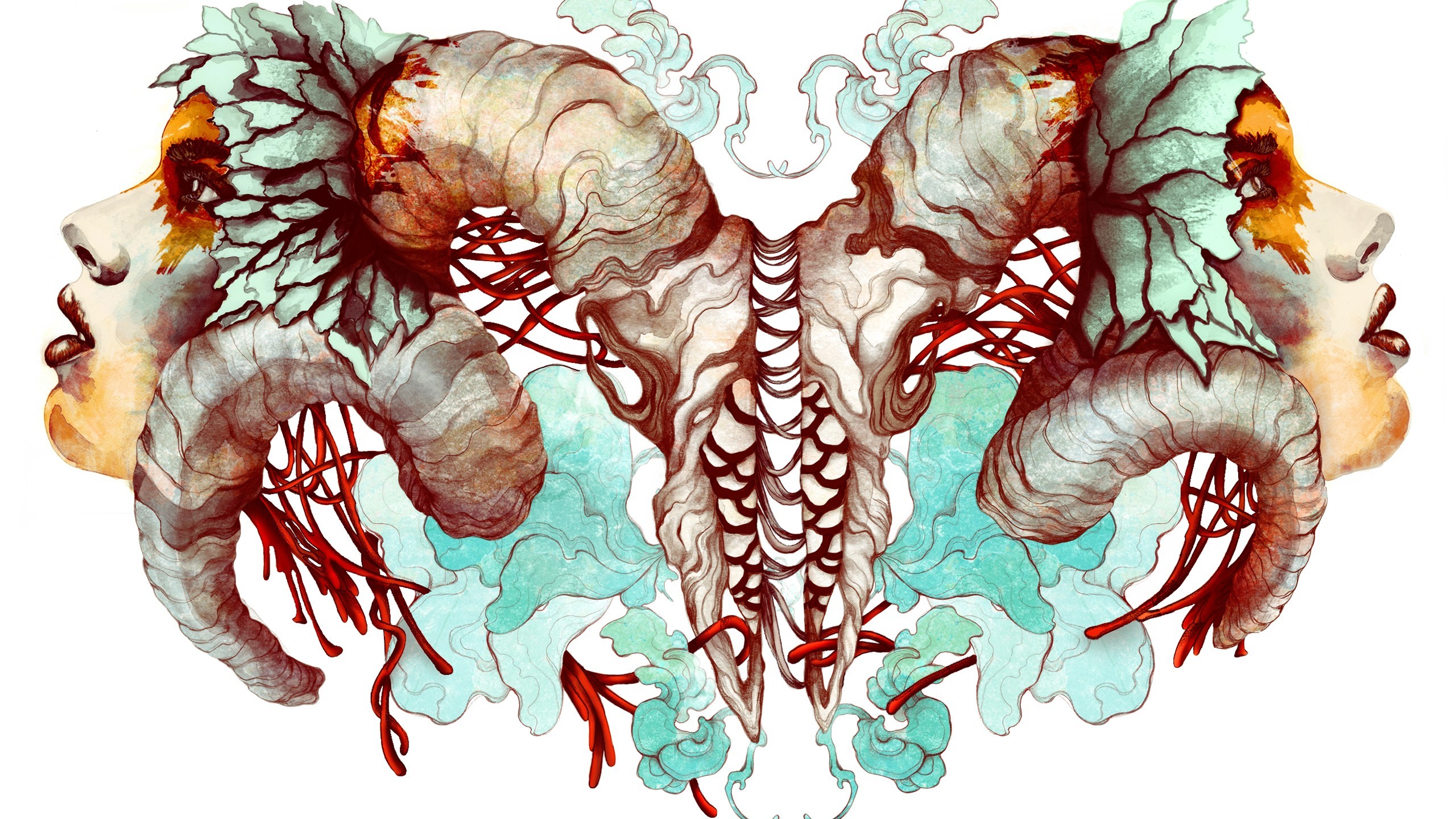 Abstract artwork with faces and horns HD Wallpaper
