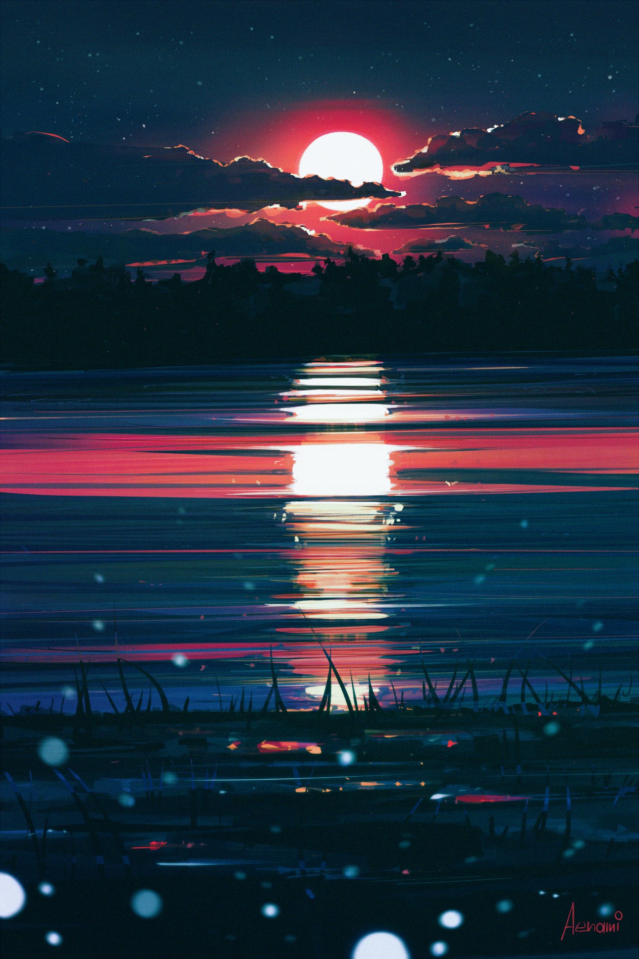 grass, Sun, night, clouds, landscape, illustration, water, sunset HD Wallpaper