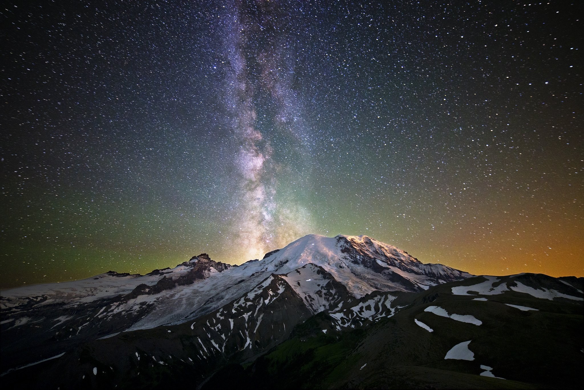 Milky Way over snow-capped mountains at night HD Wallpaper