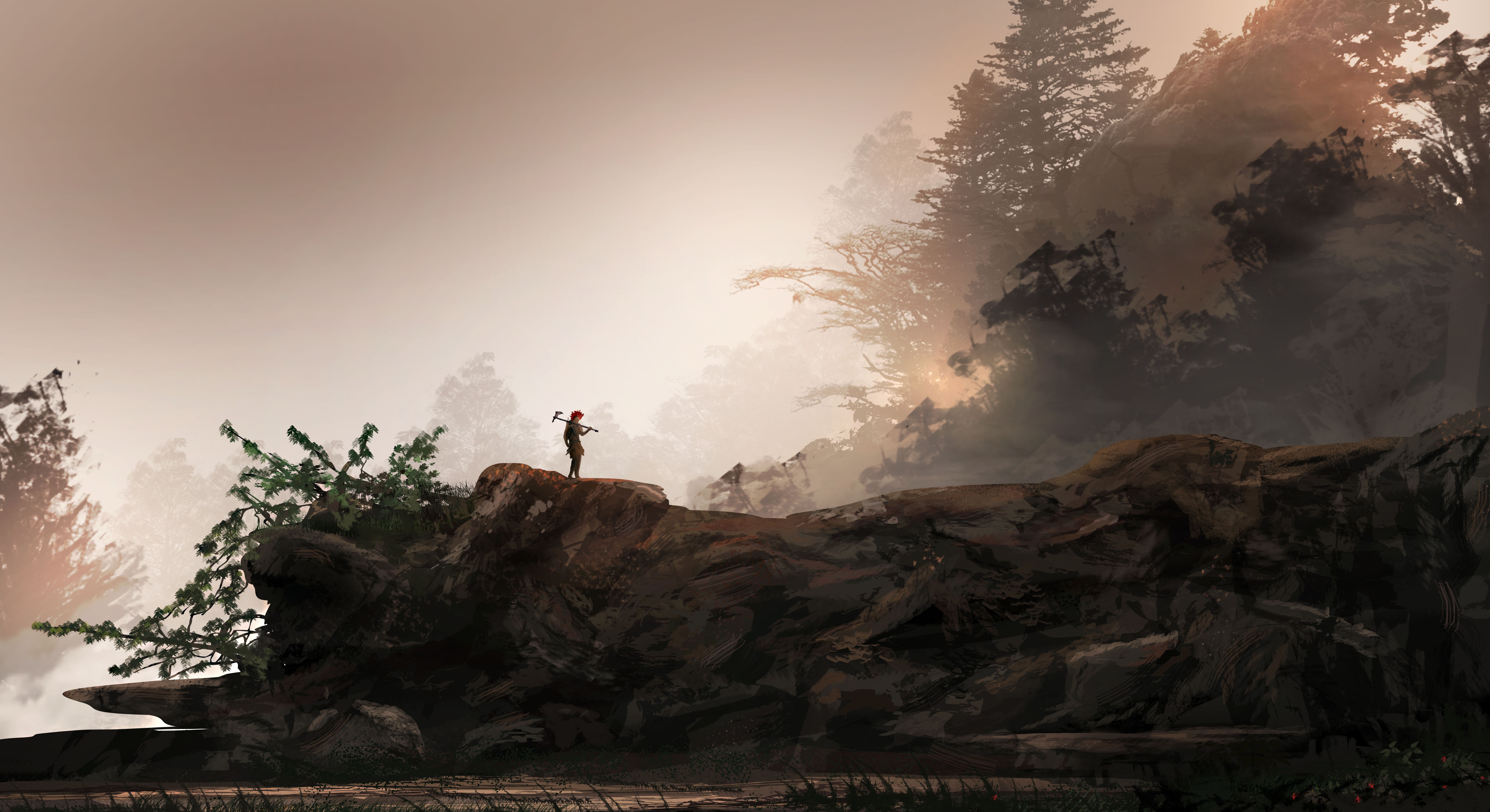 Fantasy warrior with axe on a rocky cliff HD Wallpaper