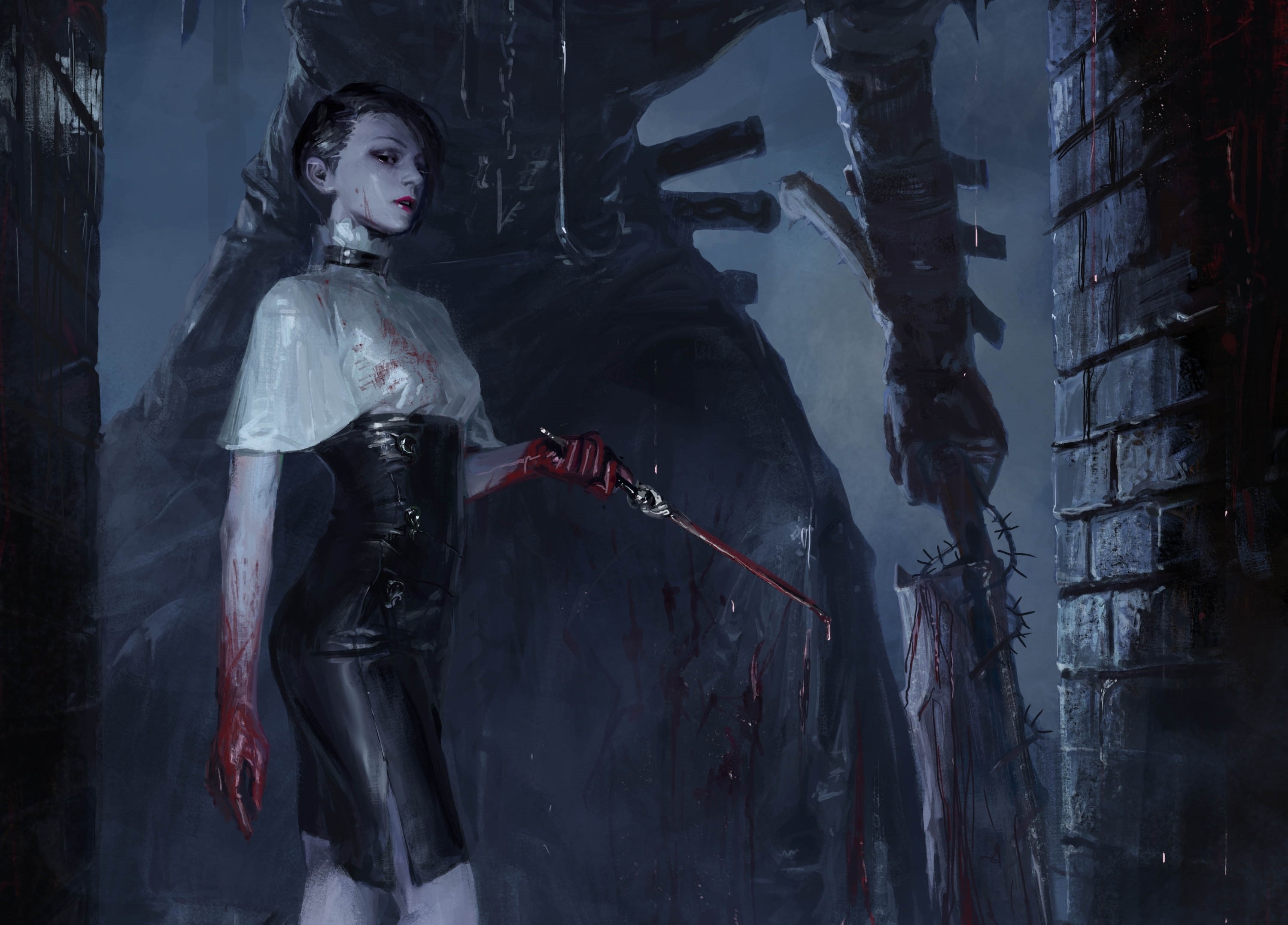 Fantasy girl with bloody knife and dark figure HD Wallpaper