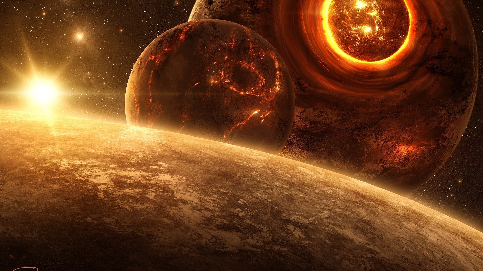 Space art with planets and a bright sun HD Wallpaper