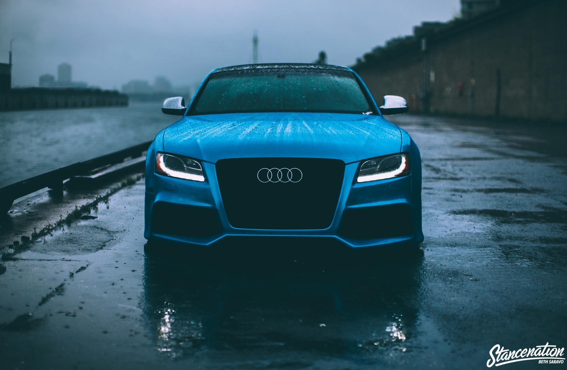 Blue Audi S5 on a Rainy Day HD Wallpaper