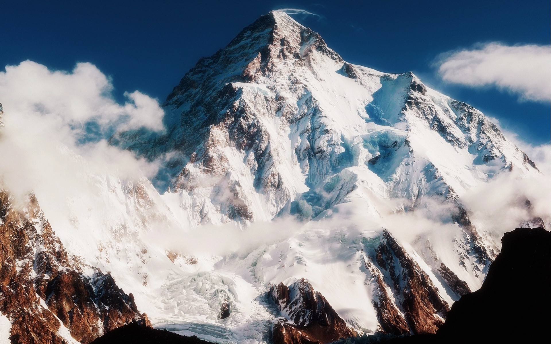 K2 mountain peak with clouds and blue sky HD Wallpaper