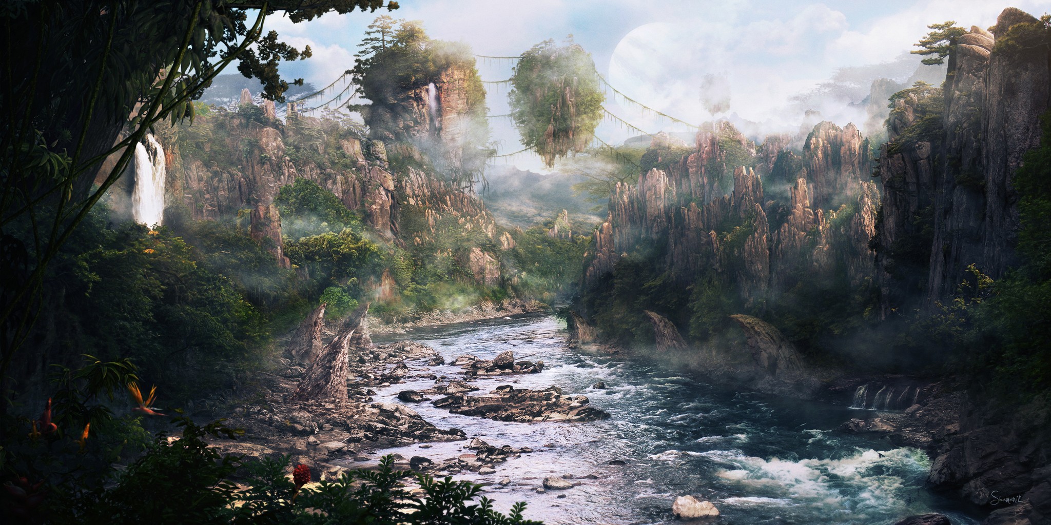 Fantasy landscape with floating islands and a river HD Wallpaper