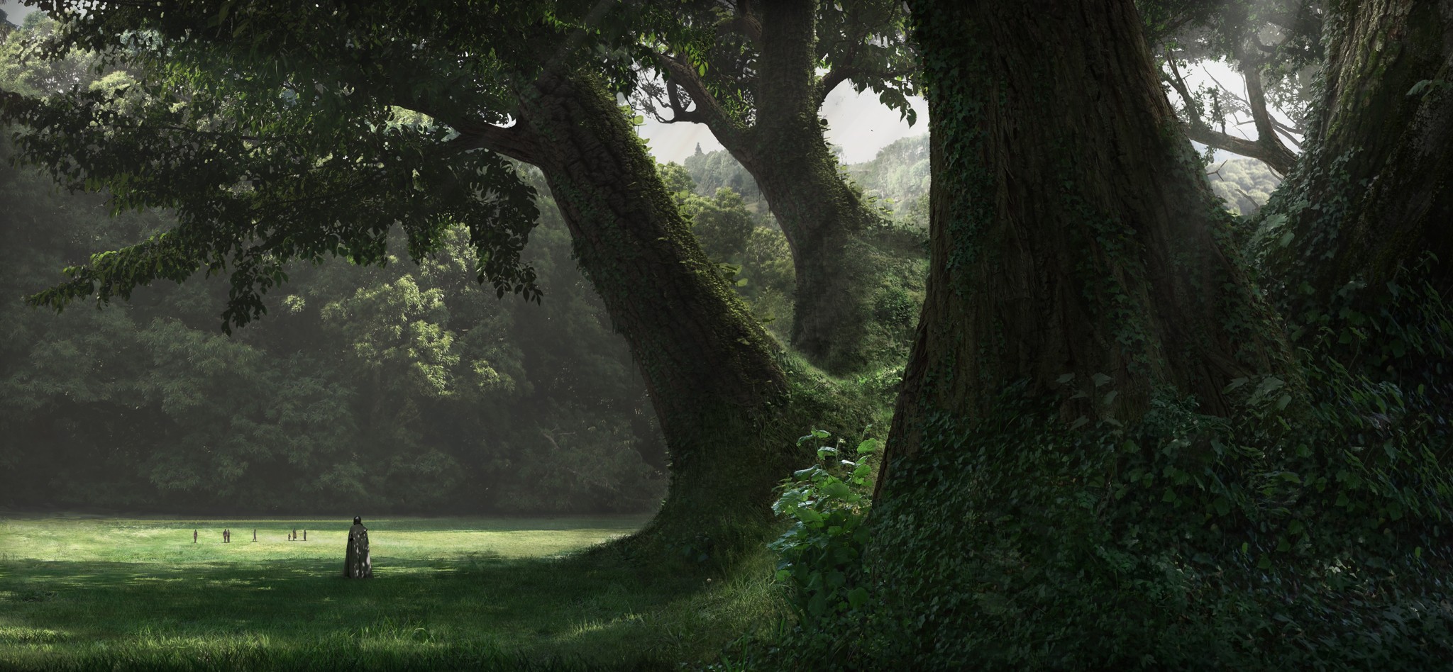 Figures in a sunlit forest clearing with large trees HD Wallpaper