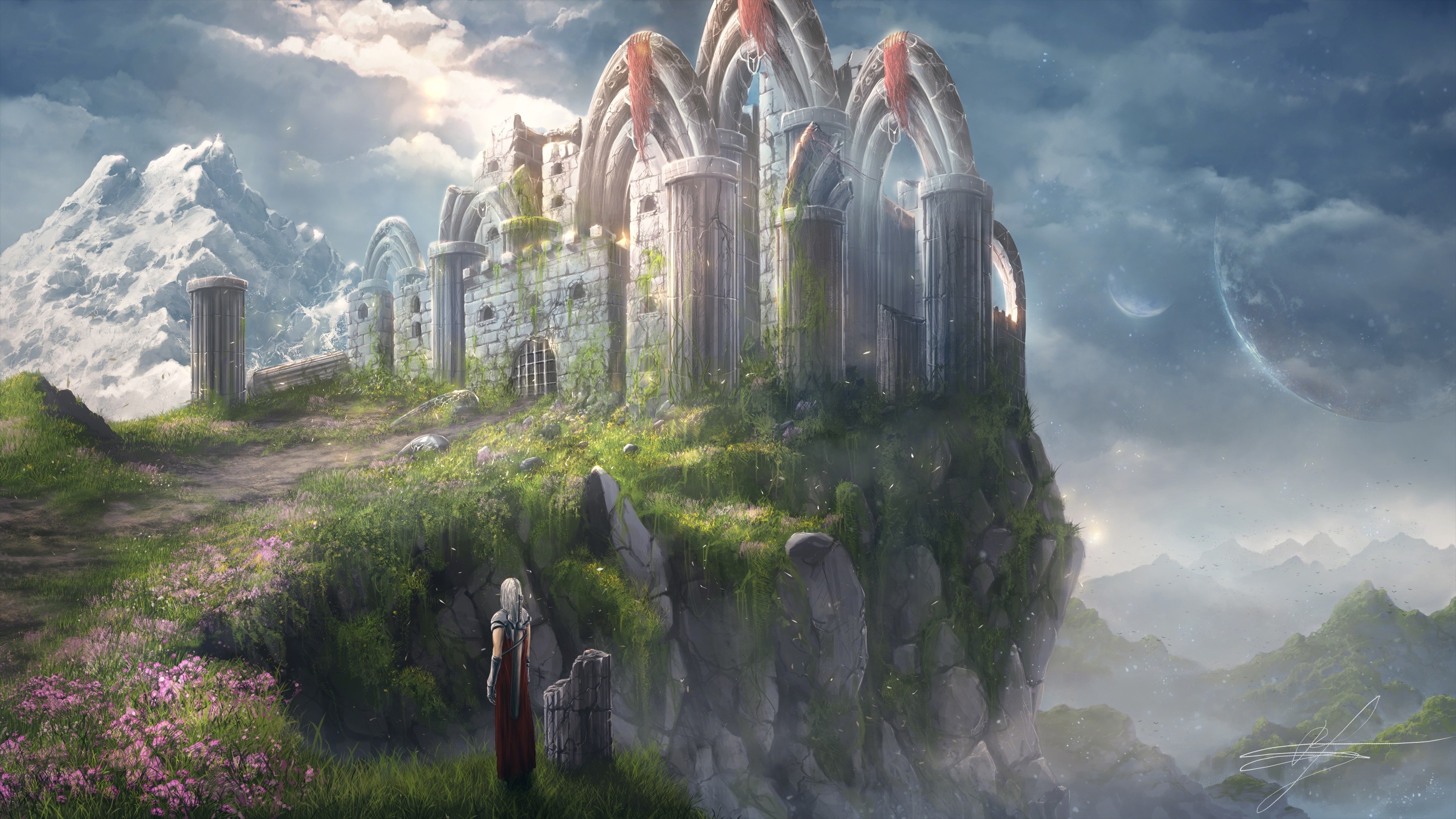 Fantasy ruins on a cliff with mountains and planets HD Wallpaper
