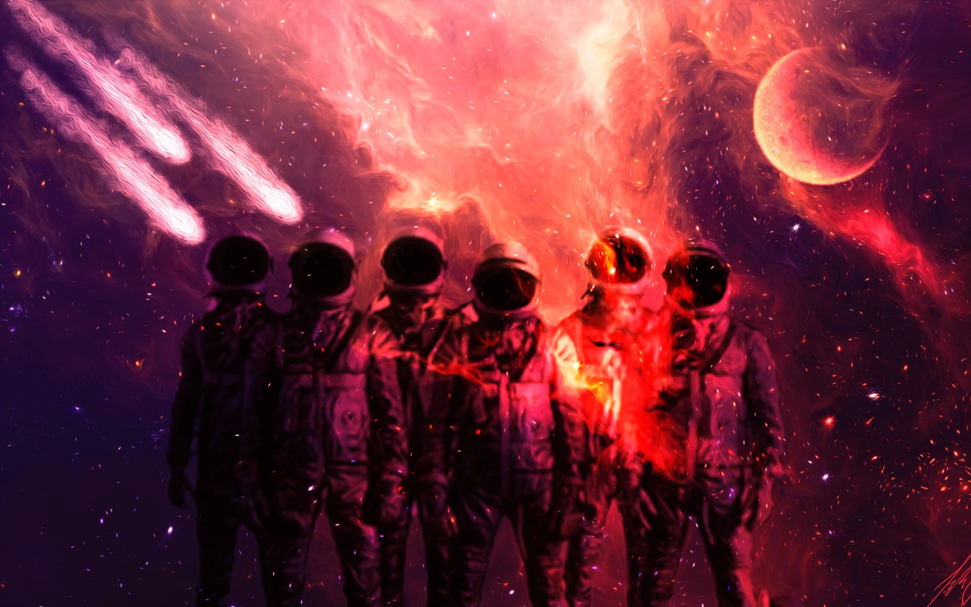 Astronauts in space with comets and a moon HD Wallpaper