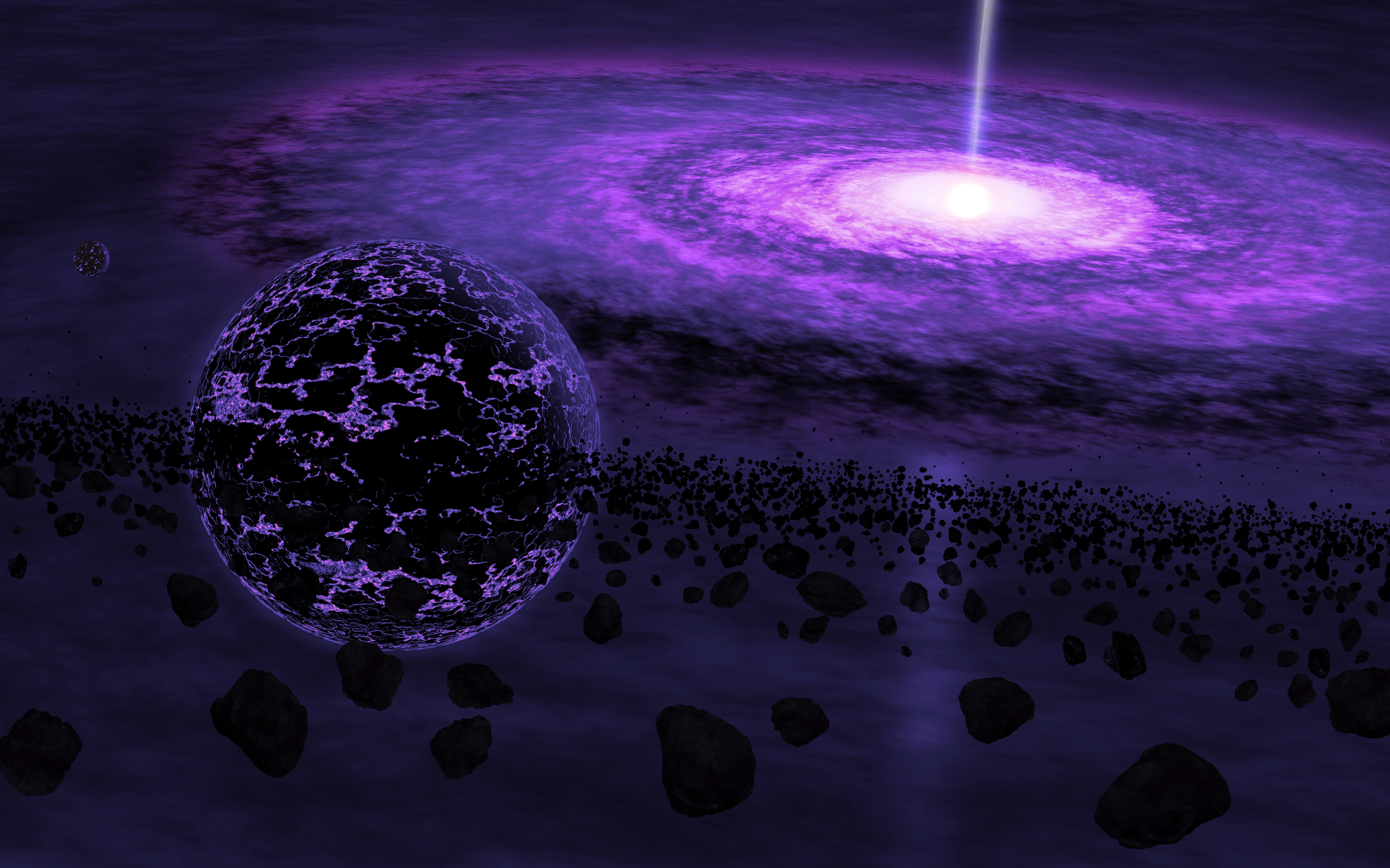 Planet and asteroid belt in front of a purple galaxy HD Wallpaper