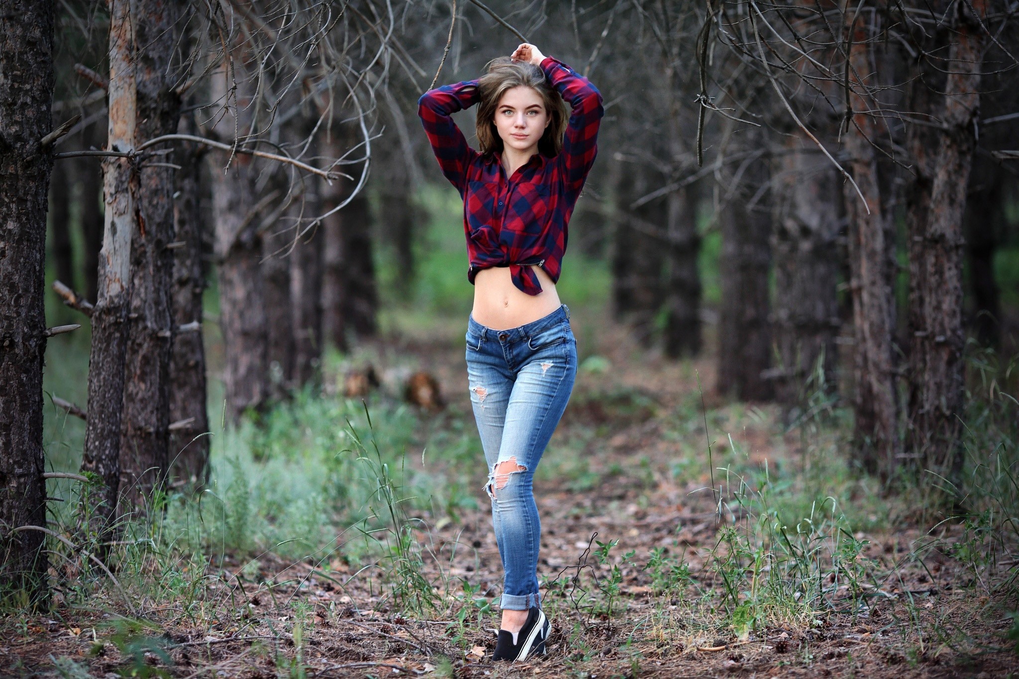 arms up, torn jeans, sneakers, women outdoors, pants, shirt, portrait, women, belly, trees HD Wallpaper