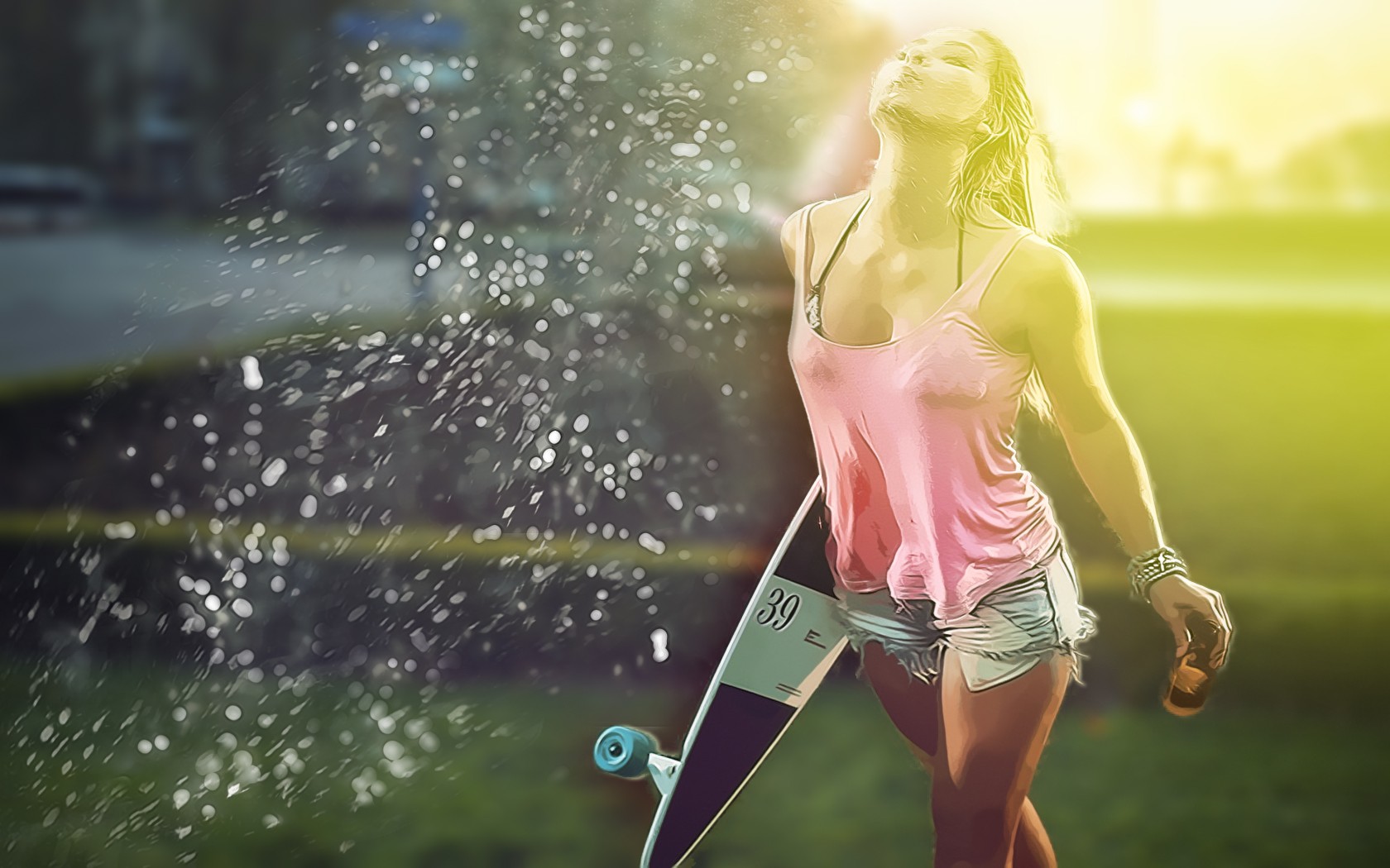 Woman with a longboard in the sun HD Wallpaper