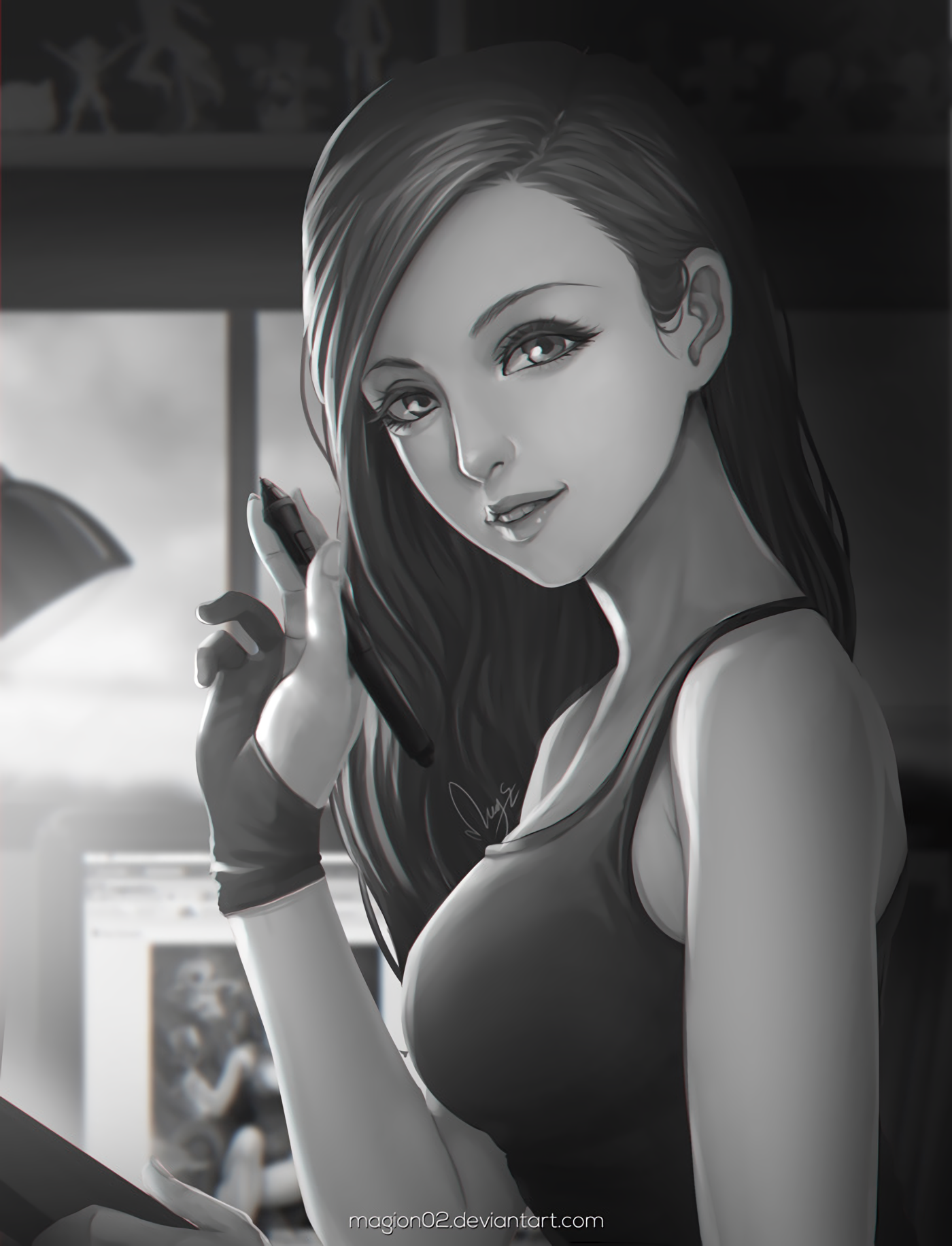Anime girl with long hair holding a stylus HD Wallpaper