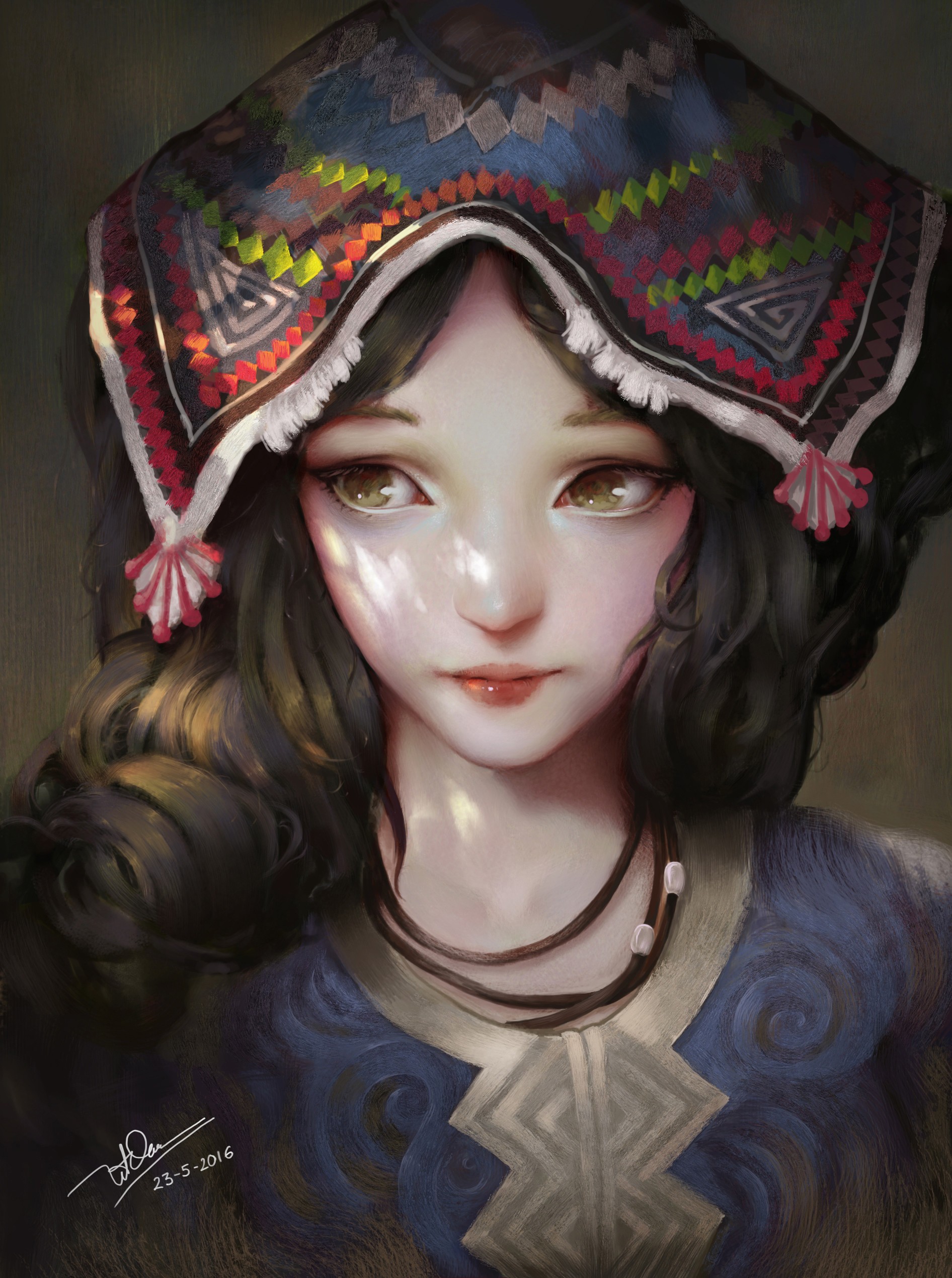 Digital painting of a young woman in traditional headwear HD Wallpaper