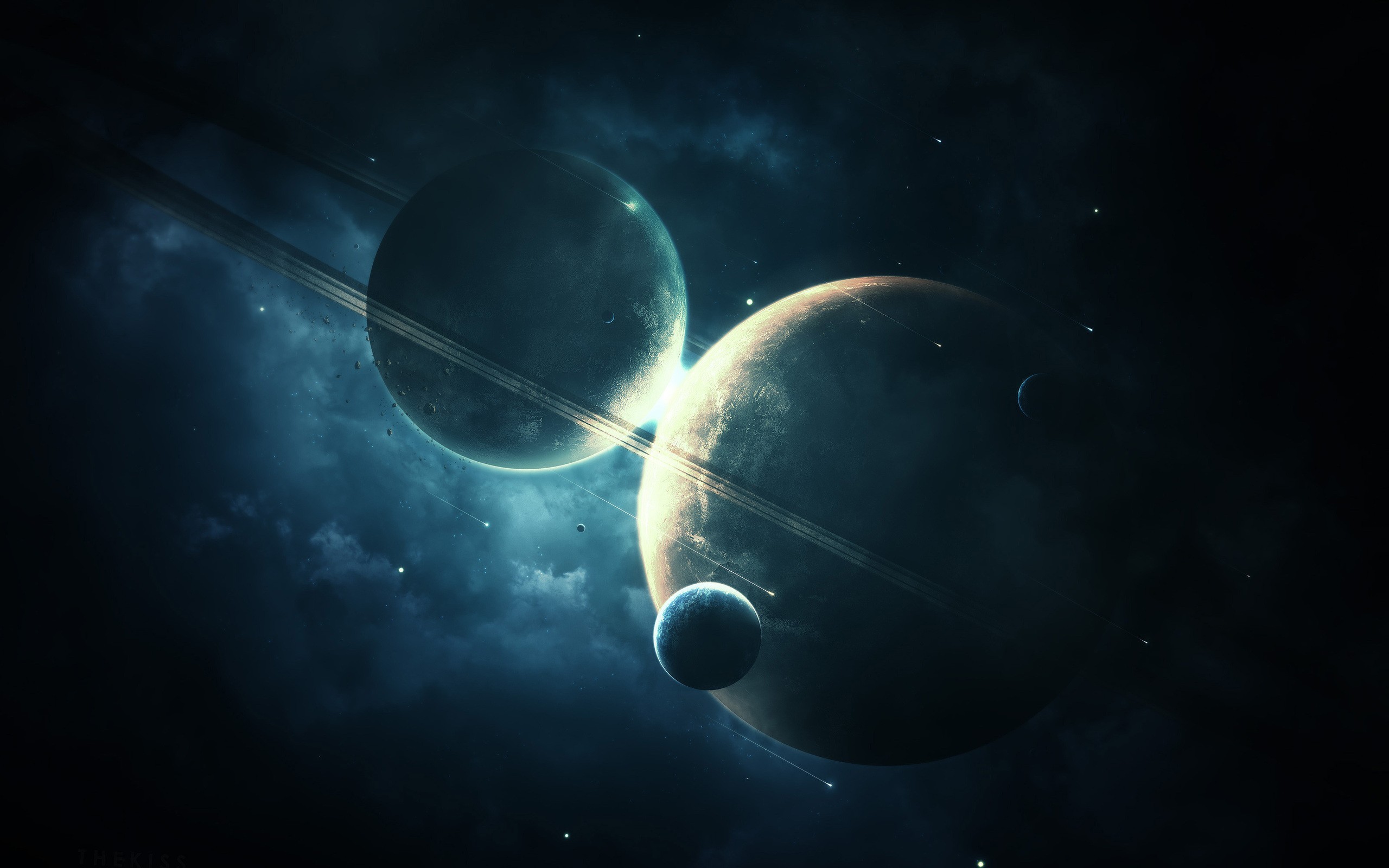 Space scene with planets and rings HD Wallpaper