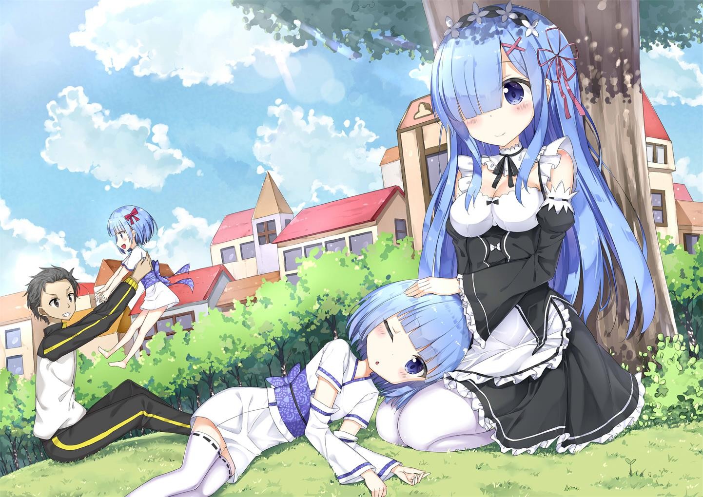 Rem and Natsuki Subaru with Rem and Ram from Re:Zero HD Wallpaper