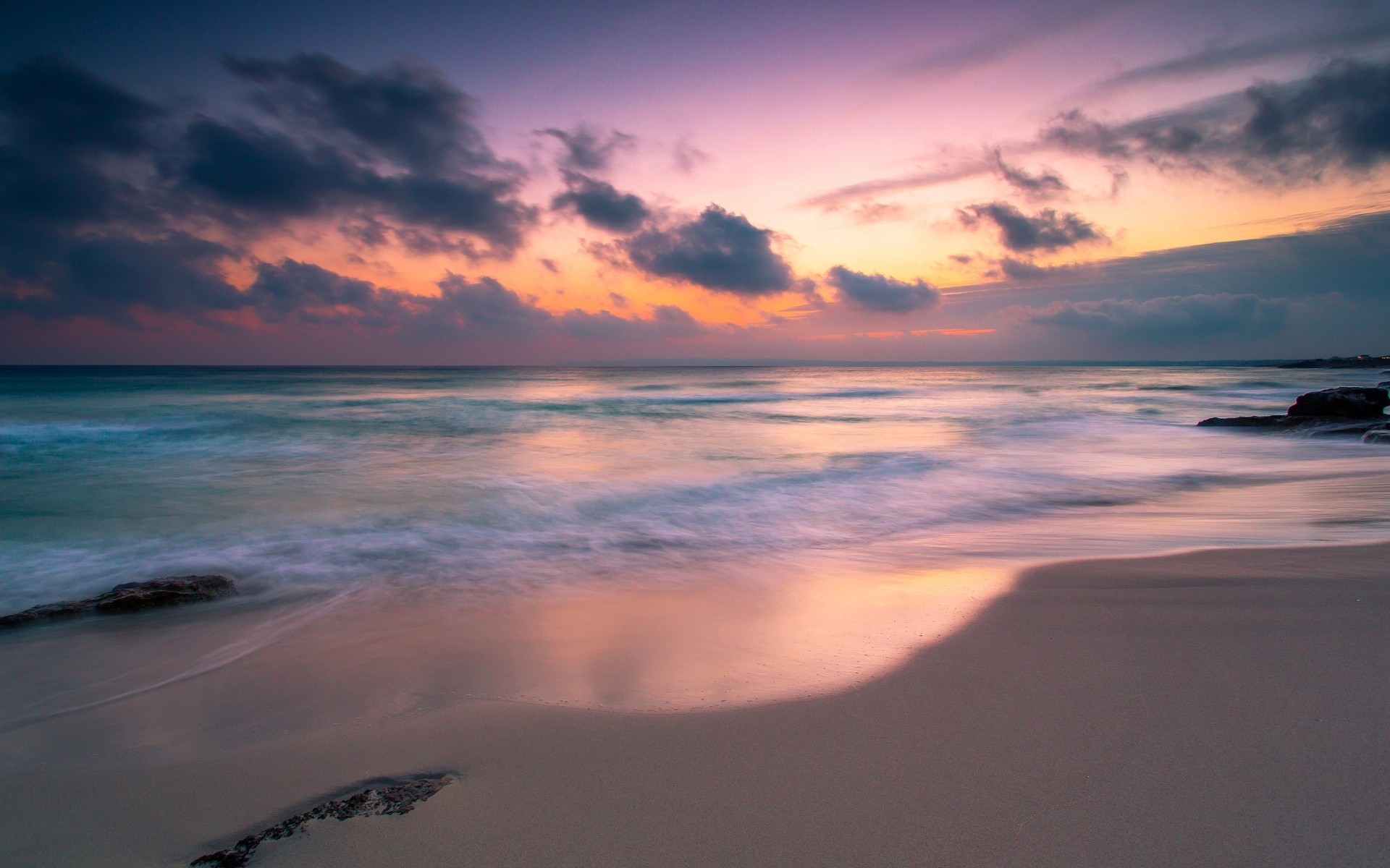 Tropical beach at sunset with colorful clouds HD Wallpaper