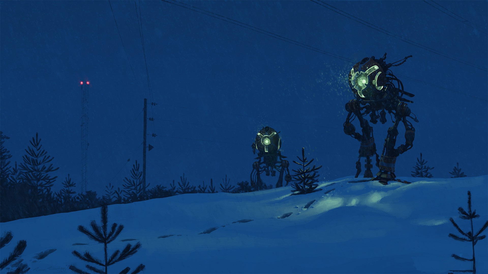 Simon Stålenhag robots in a snowy landscape HD Wallpaper