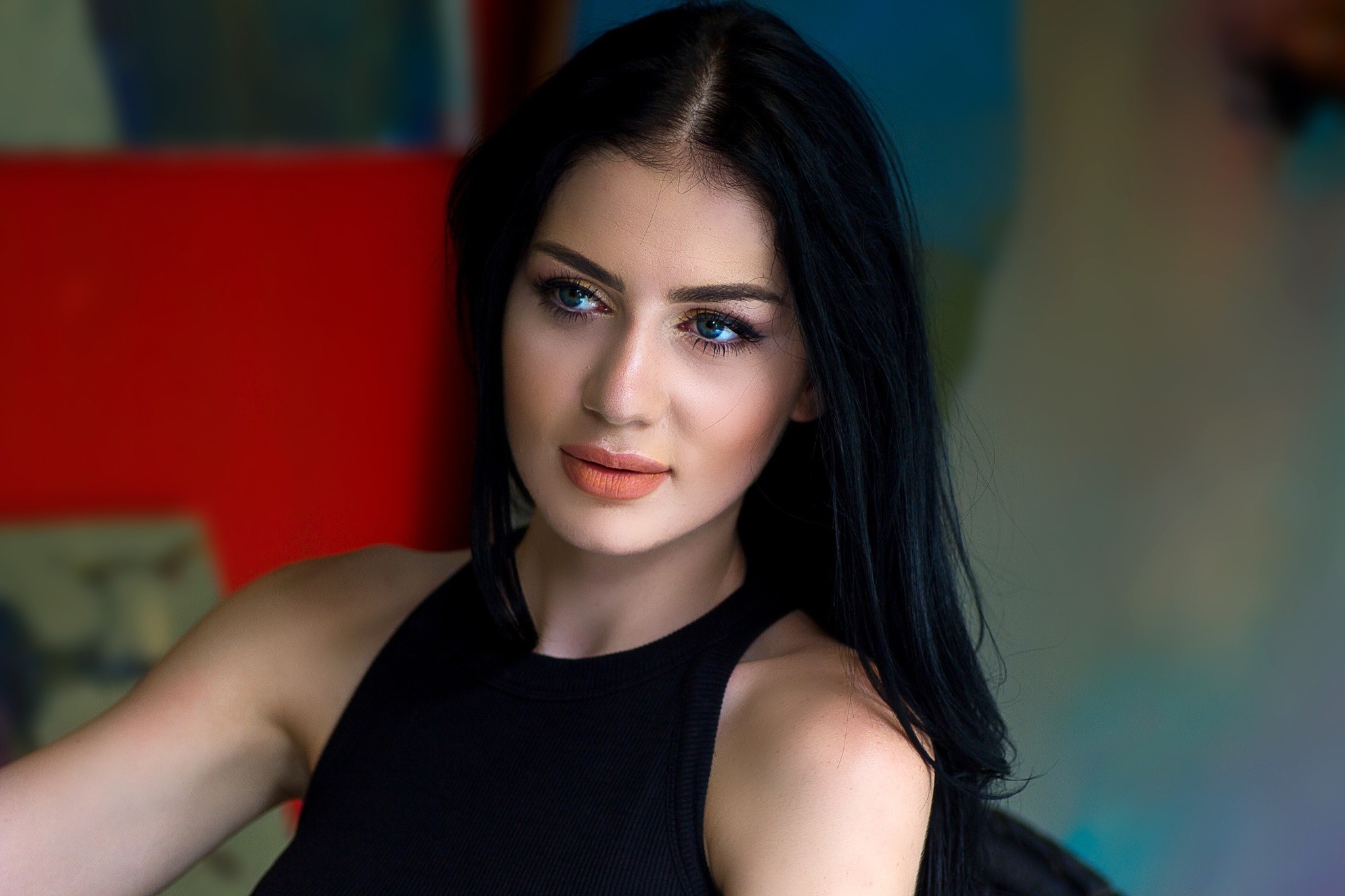 Woman with black hair and blue eyes HD Wallpaper