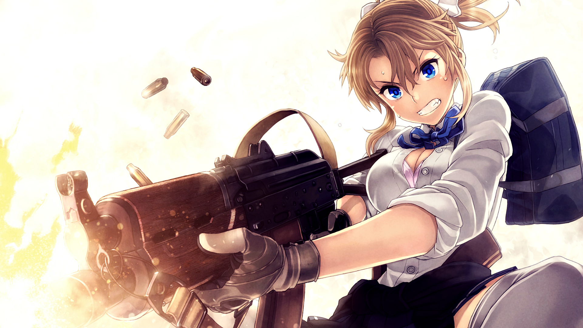 Anime girl firing a machine gun with bullets flying HD Wallpaper