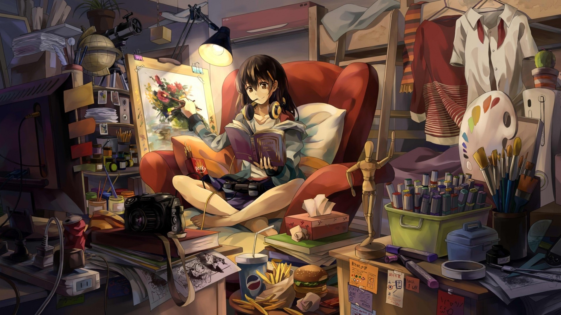 Anime girl painting and reading in a messy room HD Wallpaper