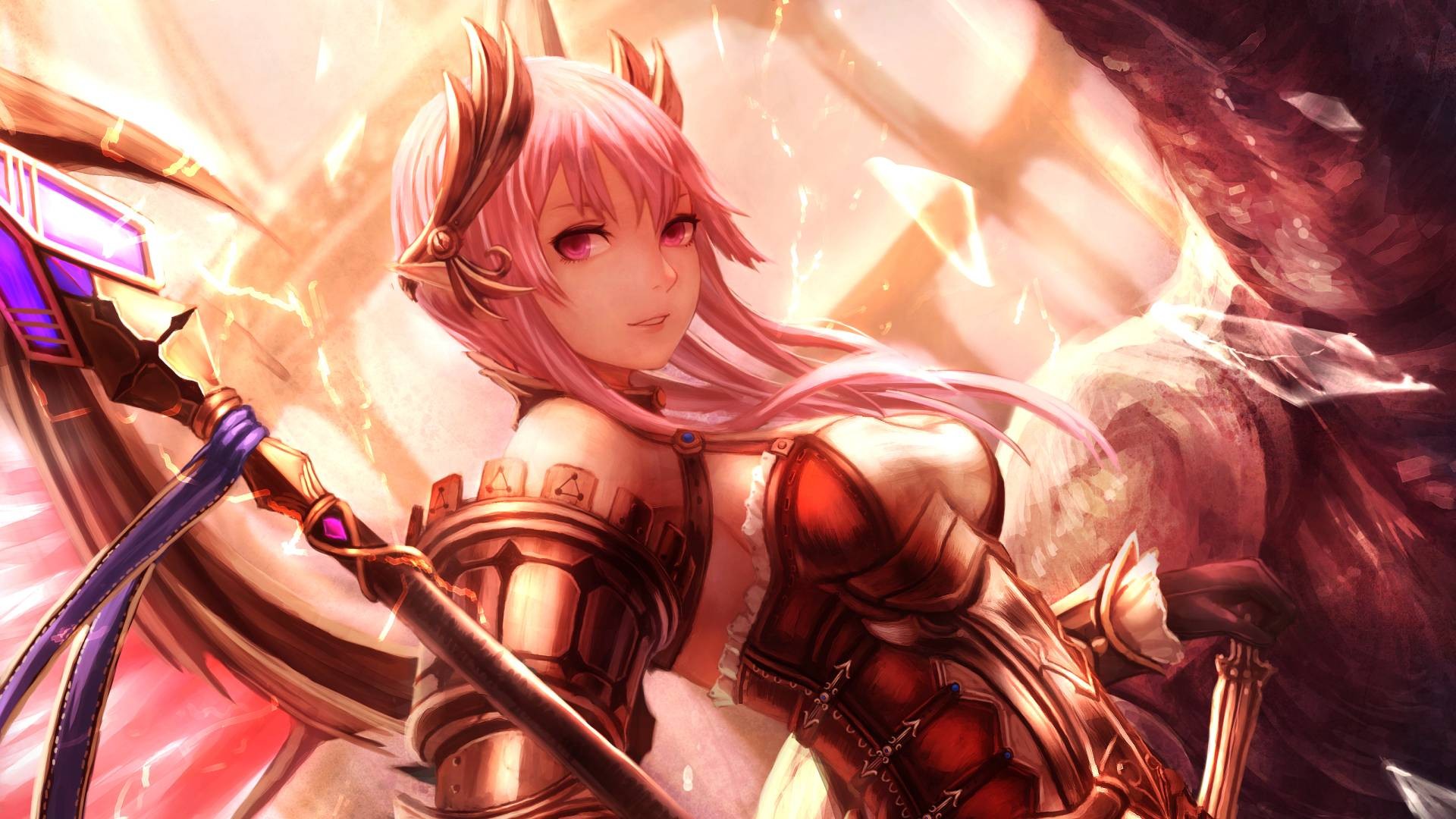 Pink-haired woman with armor and staff HD Wallpaper