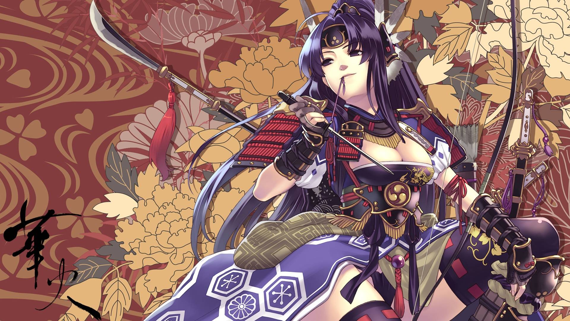Anime woman in samurai armor with bow and sword HD Wallpaper