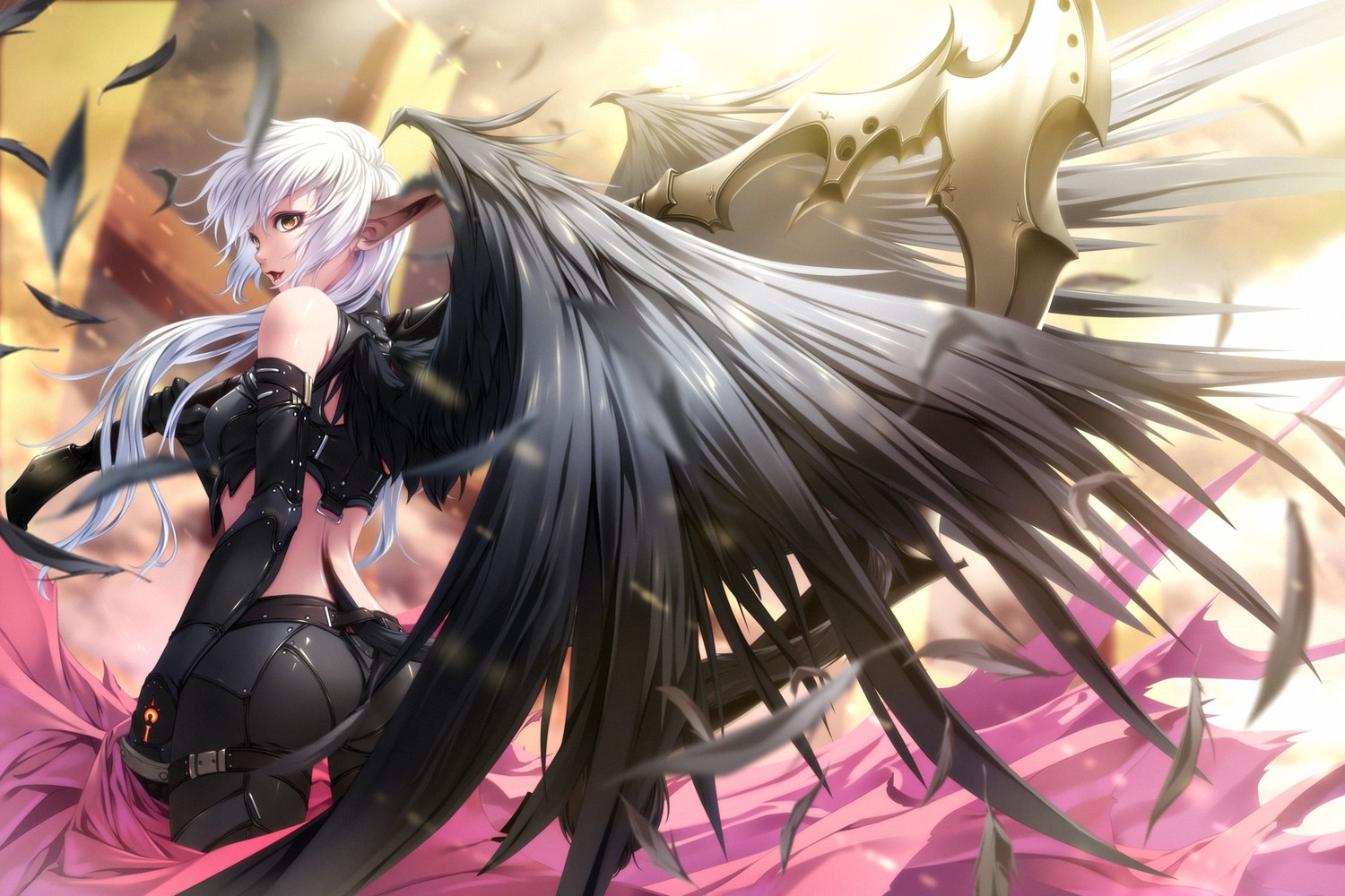 Anime girl with black wings and white hair HD Wallpaper