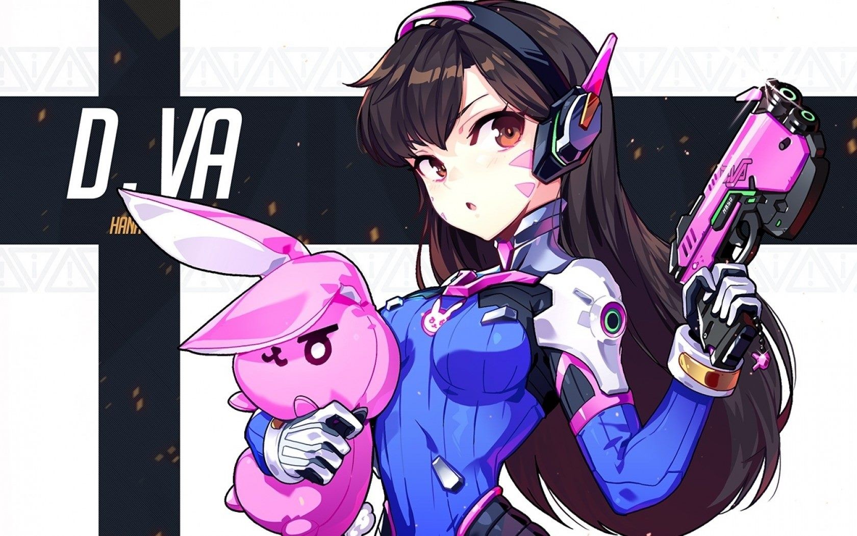 D.Va from Overwatch holding a pink bunny plush HD Wallpaper