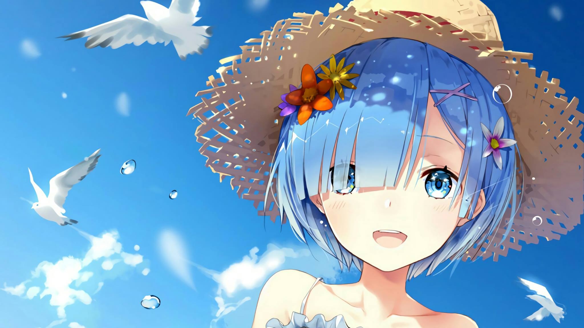 Rem from Re:Zero wearing a straw hat HD Wallpaper