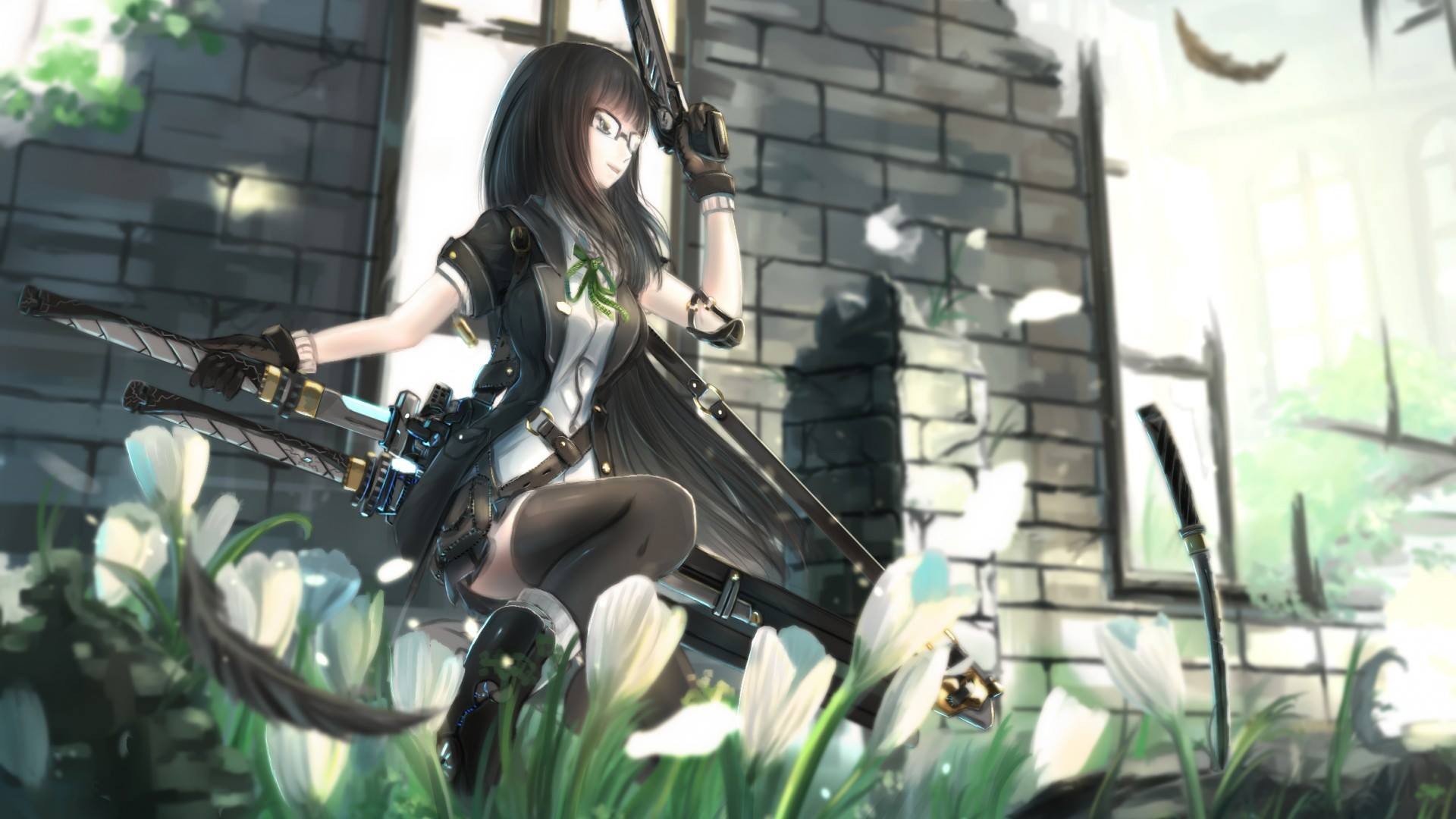Anime girl with swords and gun in ruins HD Wallpaper