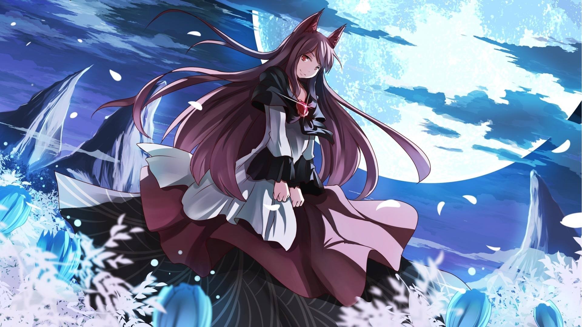 Anime girl with fox ears under the moon HD Wallpaper
