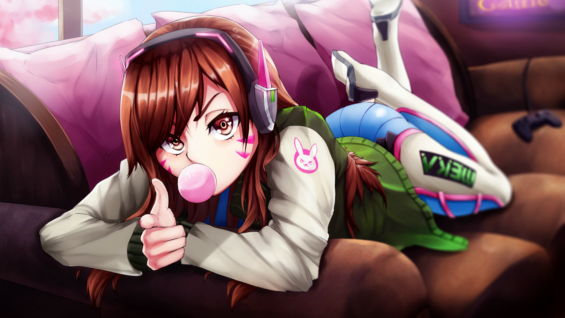 D.Va from Overwatch blowing bubblegum on a couch HD Wallpaper