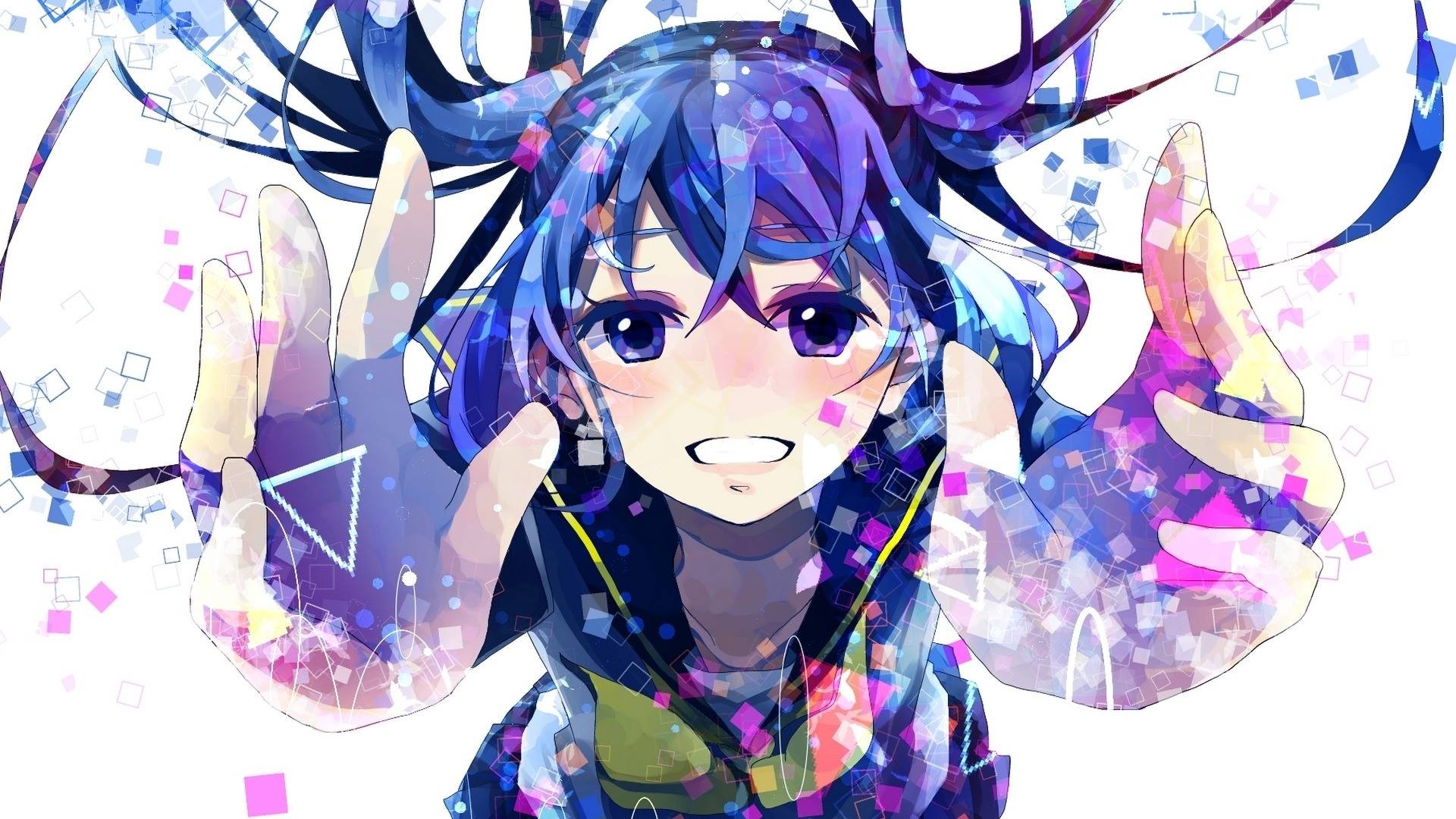 Anime girl with blue hair and geometric patterns HD Wallpaper