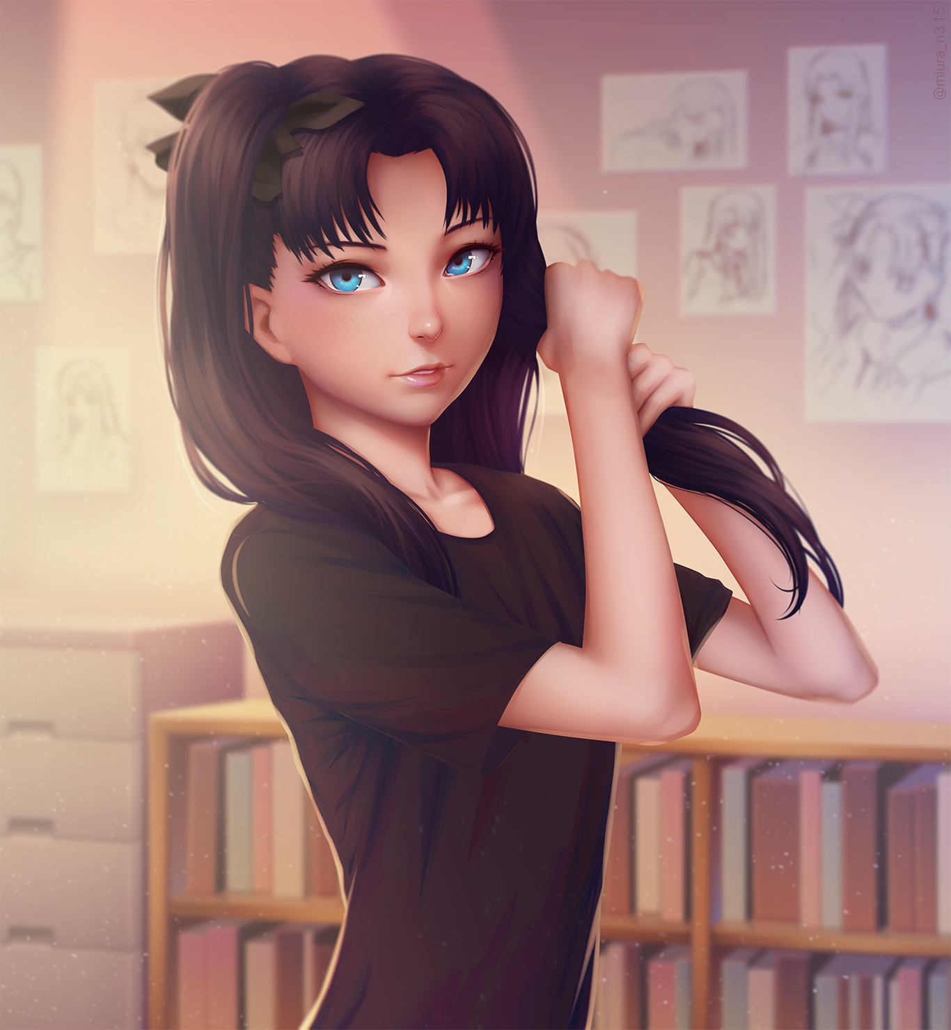 Tohsaka Rin braiding her long dark hair HD Wallpaper