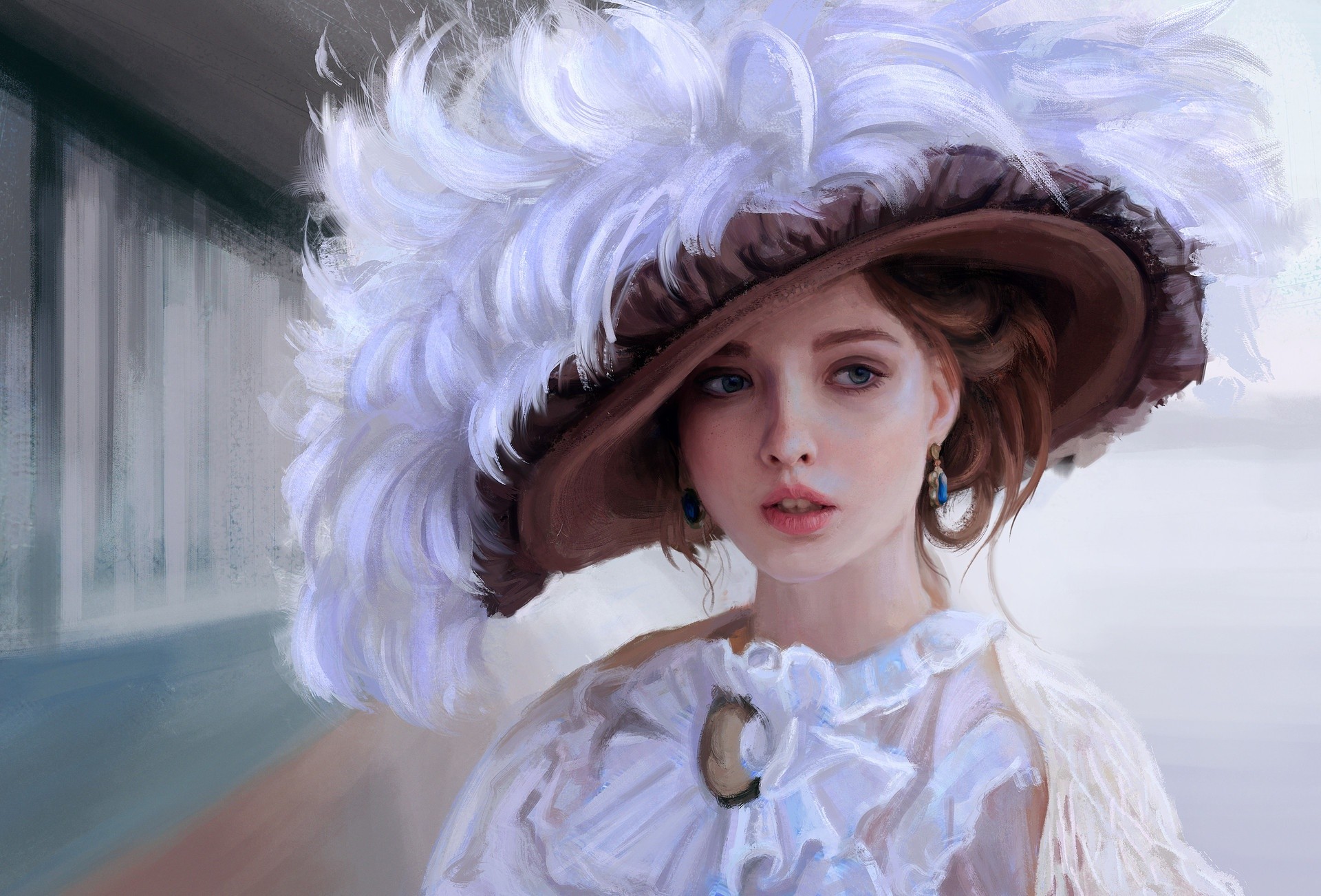 Painting of a woman in a large feathered hat HD Wallpaper