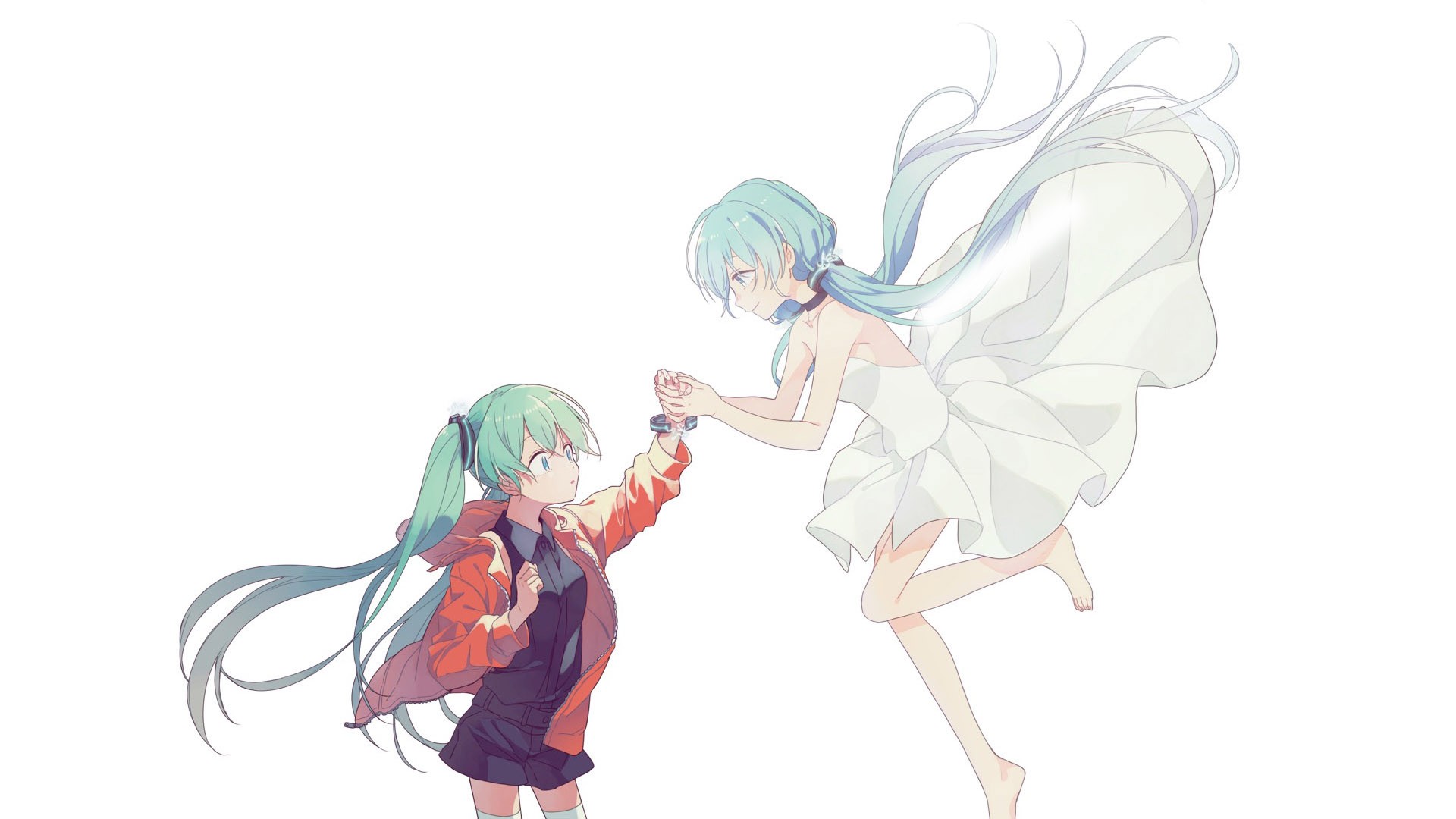 Hatsune Miku and another Miku holding hands HD Wallpaper
