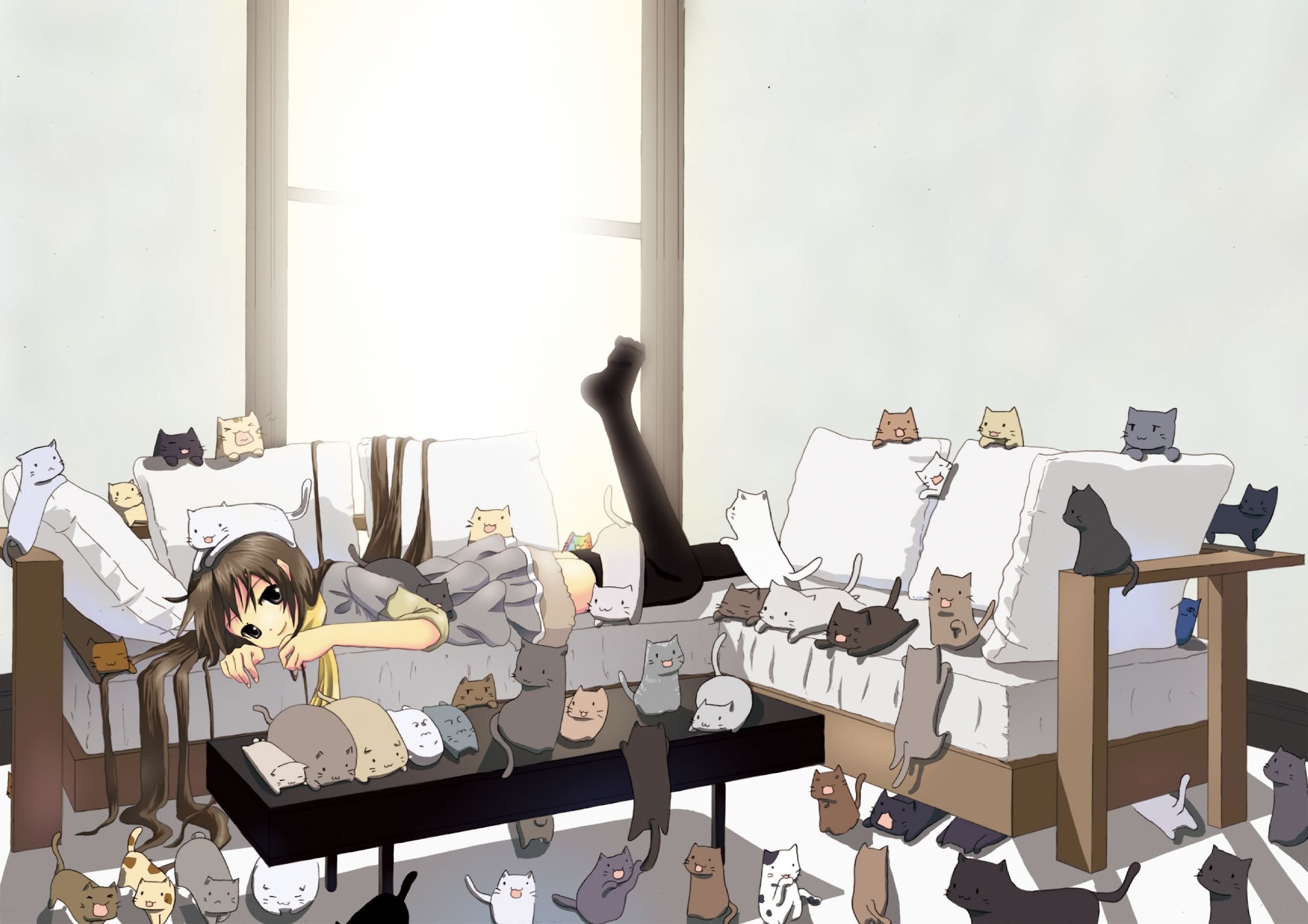 Anime girl surrounded by many cats on a couch HD Wallpaper