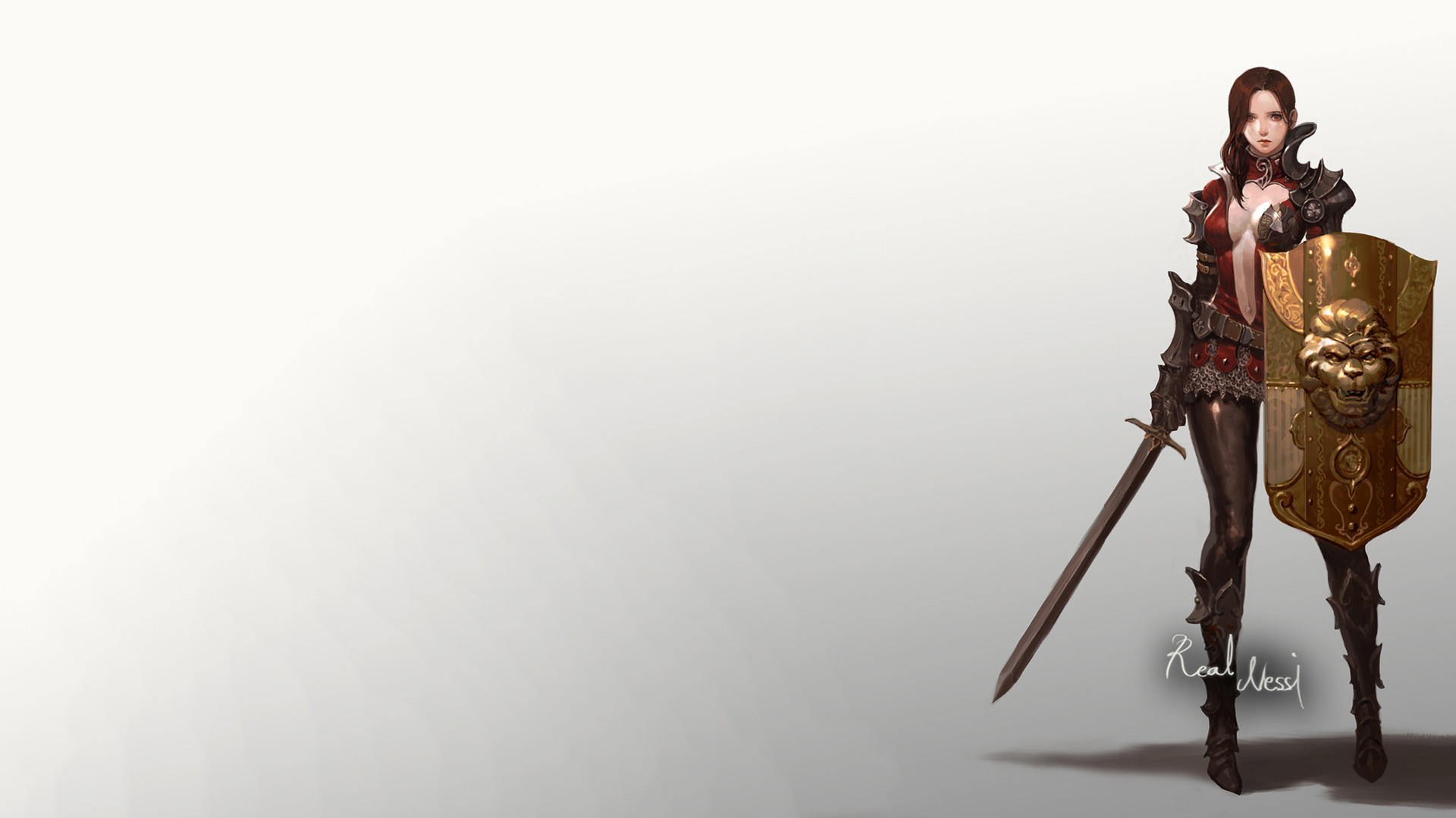 Warrior woman with sword and shield artwork HD Wallpaper